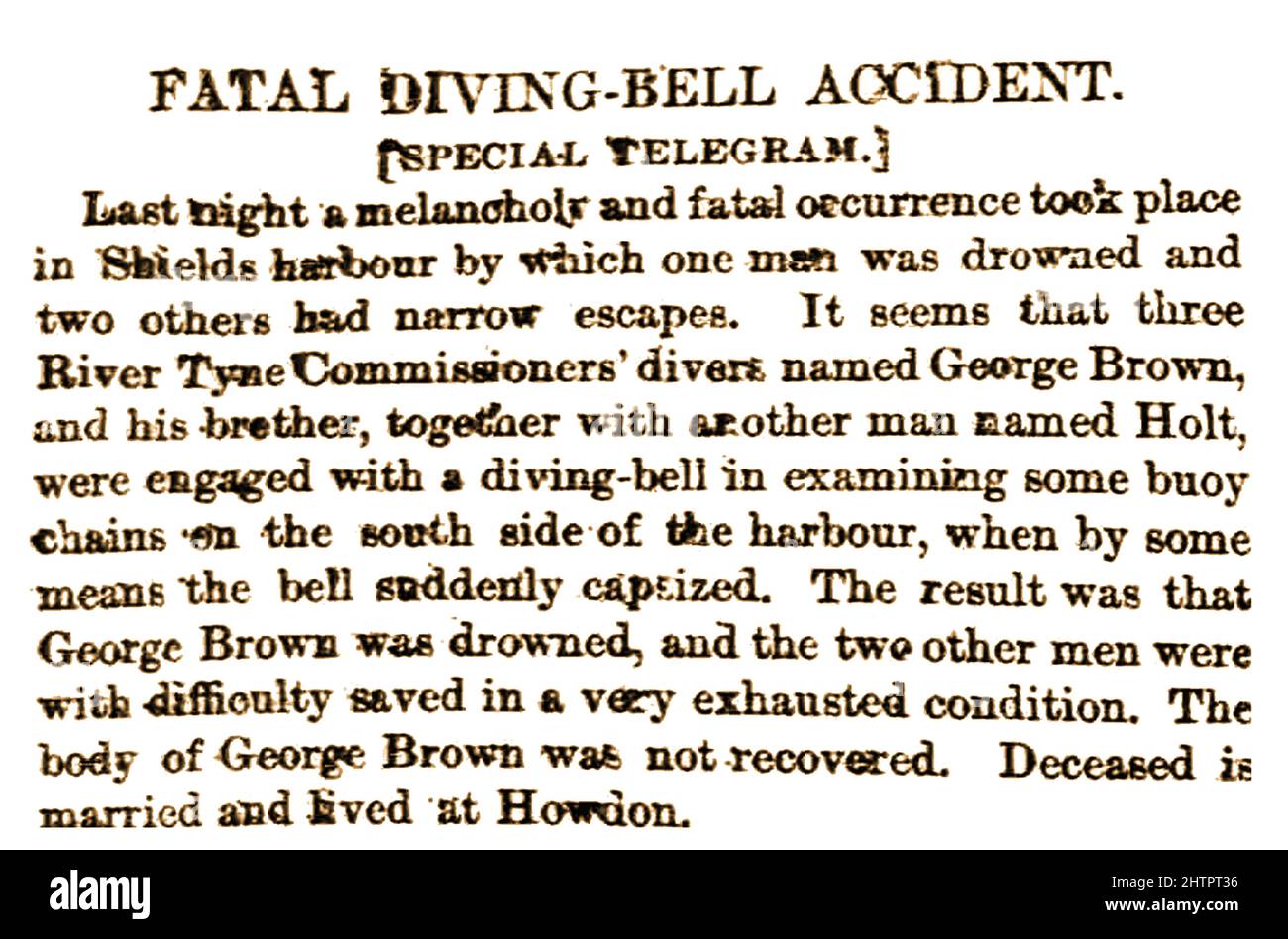 ACCIDENT MORTEL DE CLOCHE DE PLONGÉE - clip du journal Bradford observer (Royaume-Uni) juillet 22nd 1873. Signalant la mort du plongeur George Brown dans un accident de cloche de plongée dans la rivière Tyne dans le port de Shields. Banque D'Images