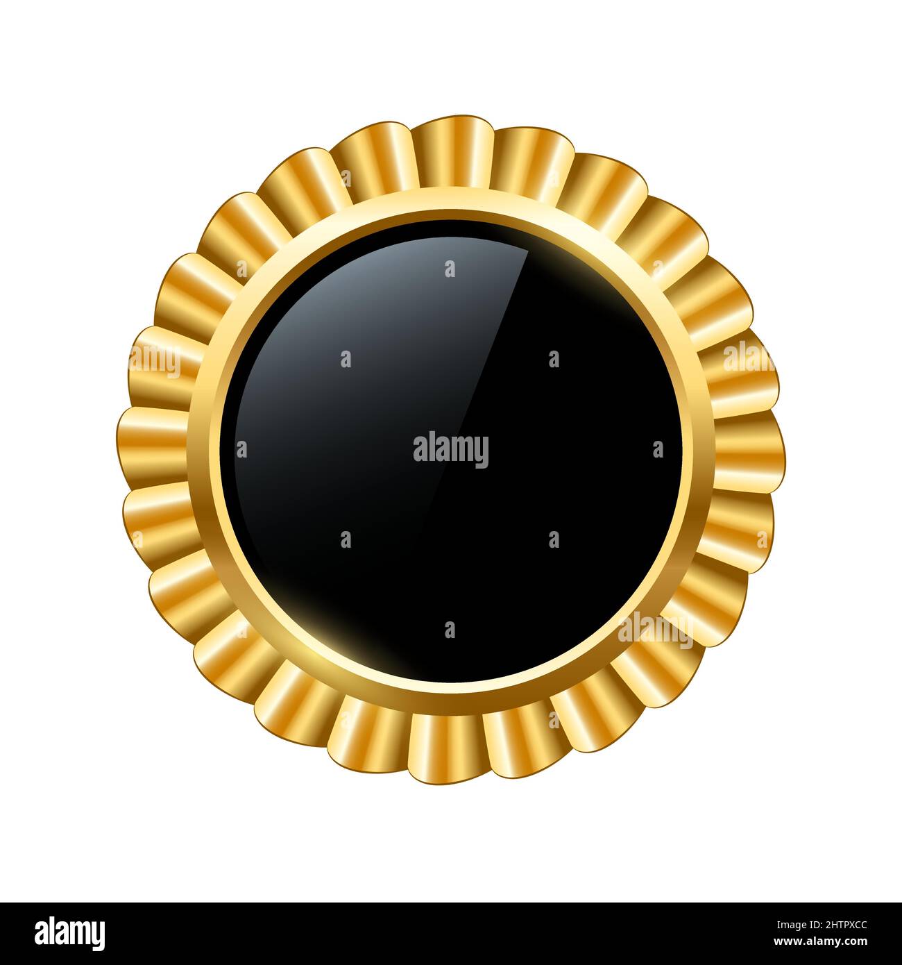 Médaille d'or avec illustration noire à motif vectoriel de boutons. trophée 3d cercle réaliste brillant emblème pour gagner la réalisation, autocollant d'étiquette pour la qualité exclusi Illustration de Vecteur