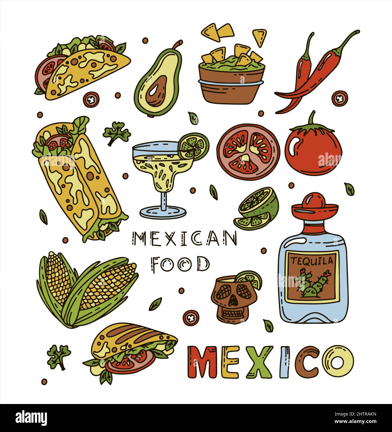 Cuisine mexicaine, set de nourriture Vector Doodle. Plats nationaux épicés, restauration rapide, en-cas. Illustration du restaurant, du menu, du café. Fiesta mexicana Illustration de Vecteur