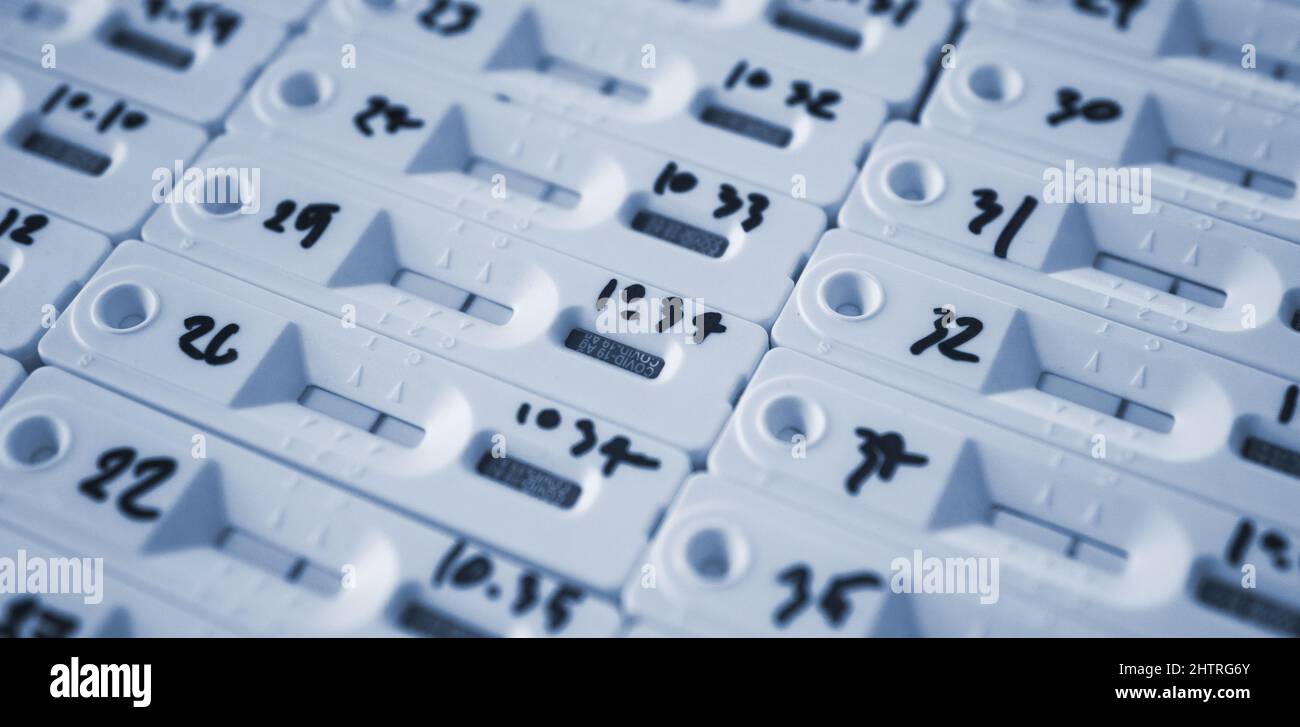 Kit de test rapide d'antigène ATK avec groupe de personnes résultat négatif pendant l'écouvillon pour la rentrée, le travail de bureau, l'université COVID-19 tests. Banque D'Images