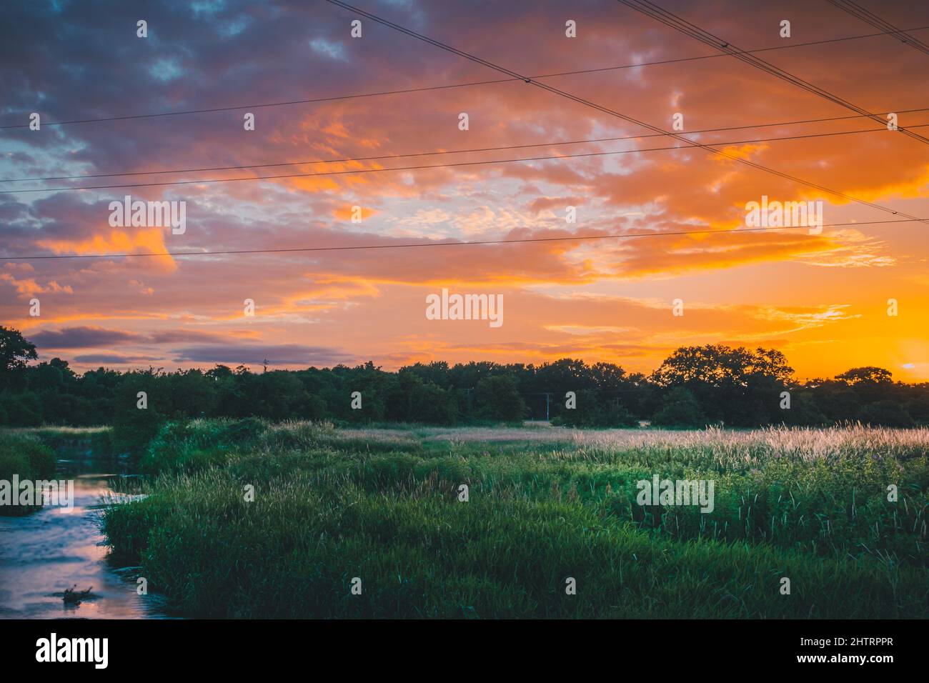 Coucher de soleil coloré dans les champs Banque D'Images