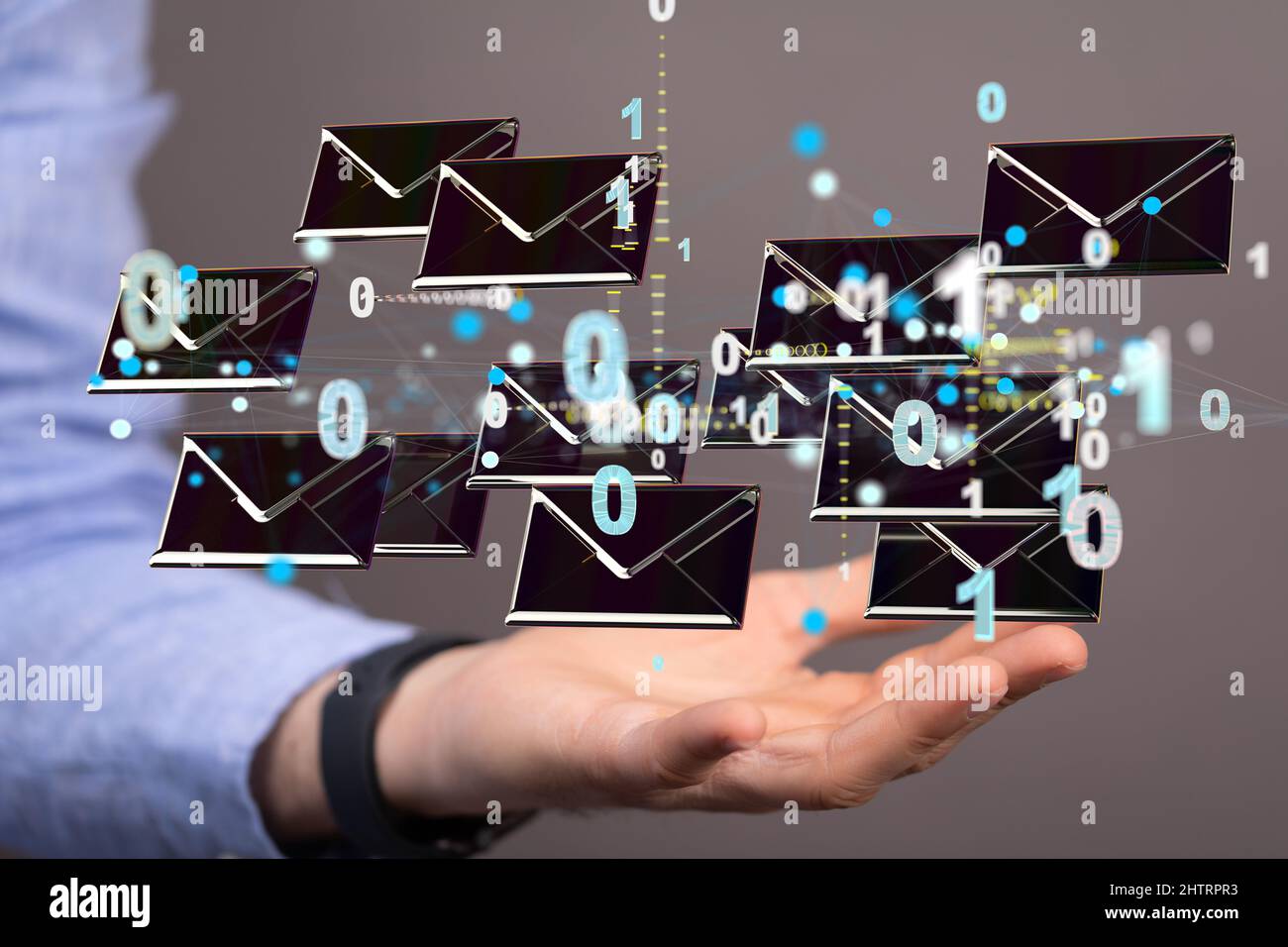 3D le rendu des e-mails et des messages indésirables approuvés s'affiche sur une interface futuriste flottante Banque D'Images