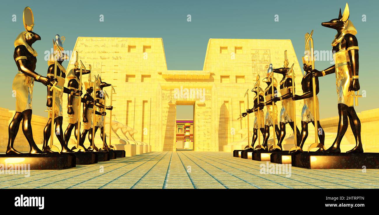 Plusieurs statues de dieu égyptien et sphinx bordent l'entrée d'un temple sacré en Égypte. Banque D'Images