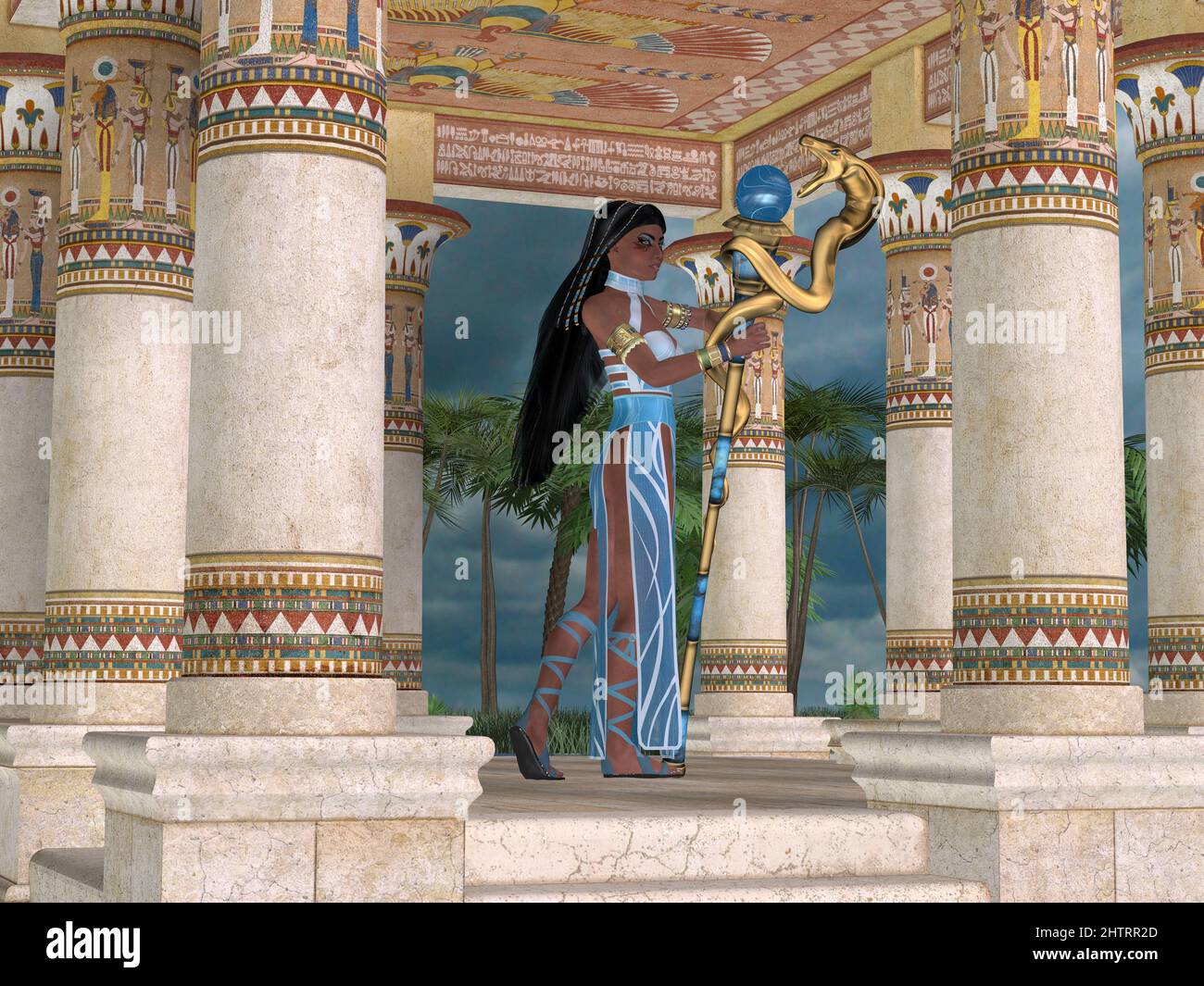 Une reine égyptienne se trouve entre les colonnes à l'entrée d'un