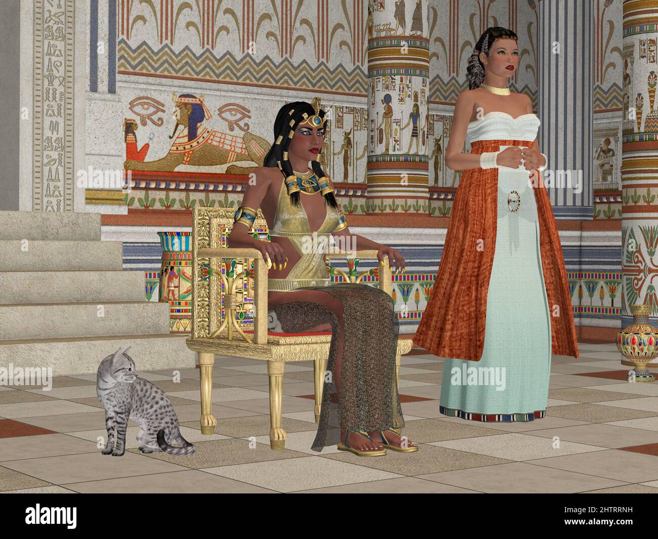 En tissu doré, une reine égyptienne est assise sur un trône avec une jeune fille et un chat Mau. Banque D'Images