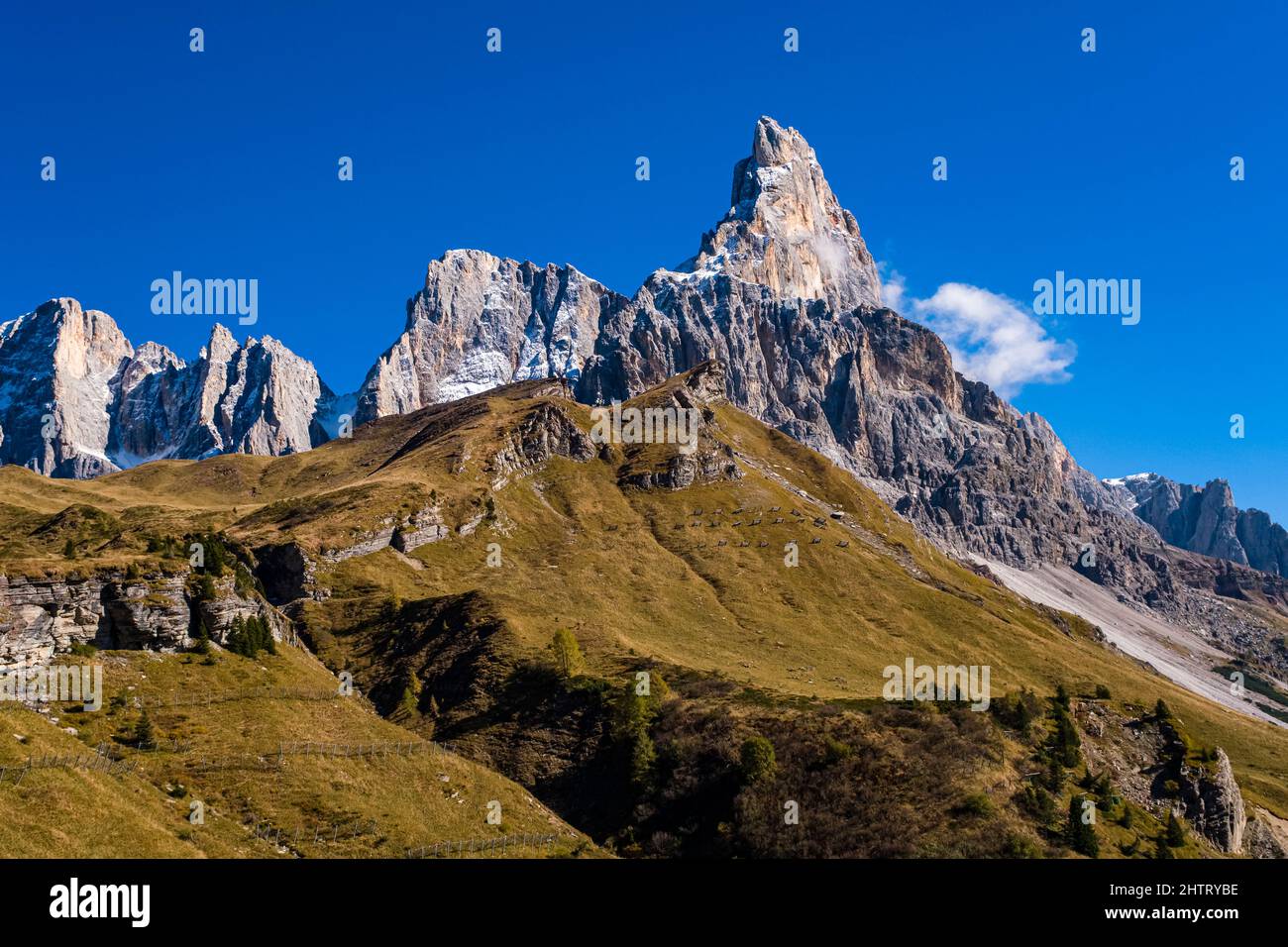 CIMA dei Bureloni, Cima di Vezzana et Cimon della Pale (à partir de la gauche), principaux sommets du groupe Pala, vus de dessus le col Rolle en automne. Banque D'Images