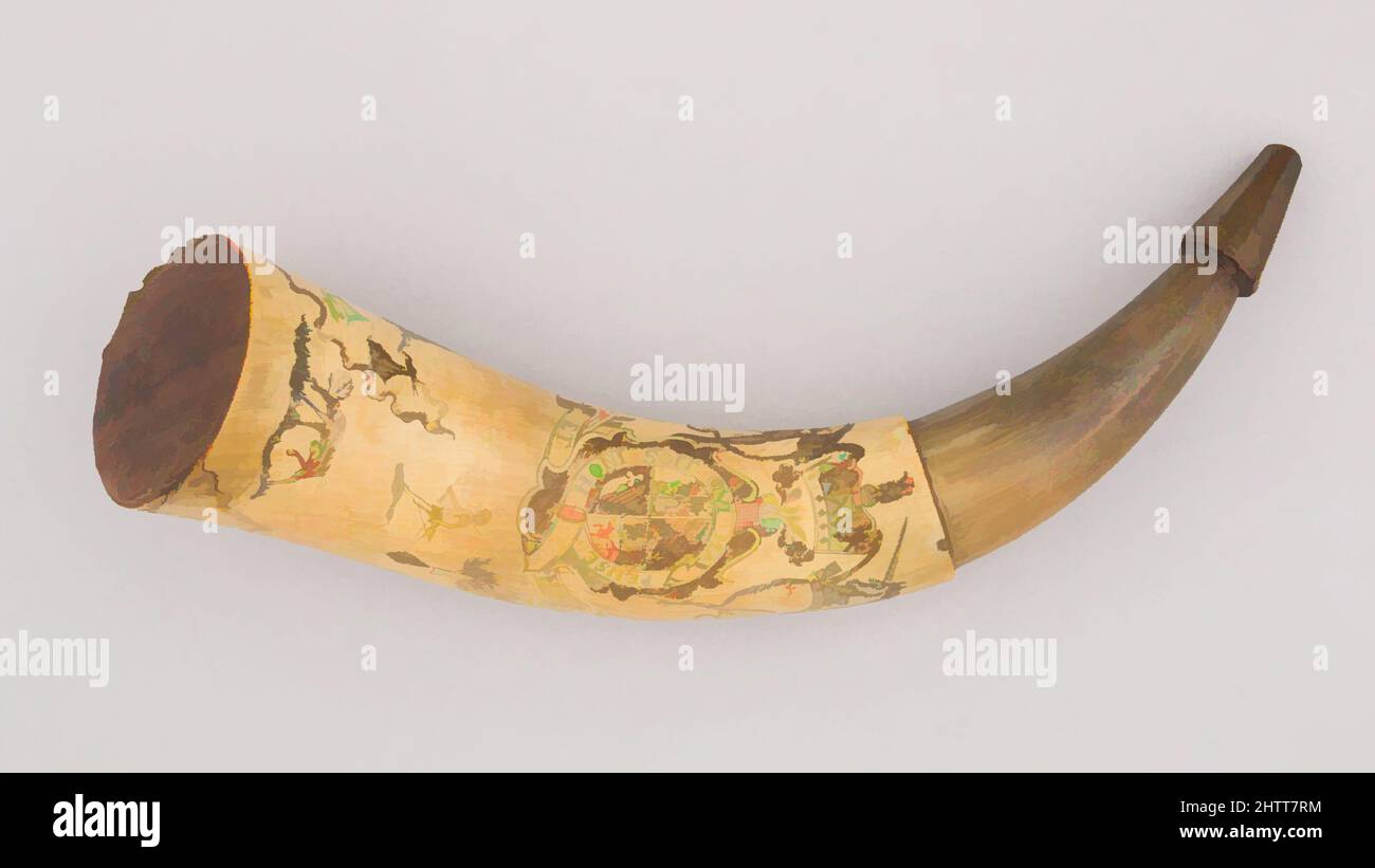 Art inspiré par la Corne de poudre, 18th siècle, américain, Horn, L. 12 po. (30,5 cm) ; diamètre 2 3/4 po (7 cm) ; poids 6,5 oz (184,3 g), armes à feu Accessoires-cornes poudrés, oeuvres classiques modernisées par Artotop avec une touche de modernité. Formes, couleur et valeur, impact visuel accrocheur sur l'art émotions par la liberté d'œuvres d'art d'une manière contemporaine. Un message intemporel qui cherche une nouvelle direction créative. Artistes qui se tournent vers le support numérique et créent le NFT Artotop Banque D'Images