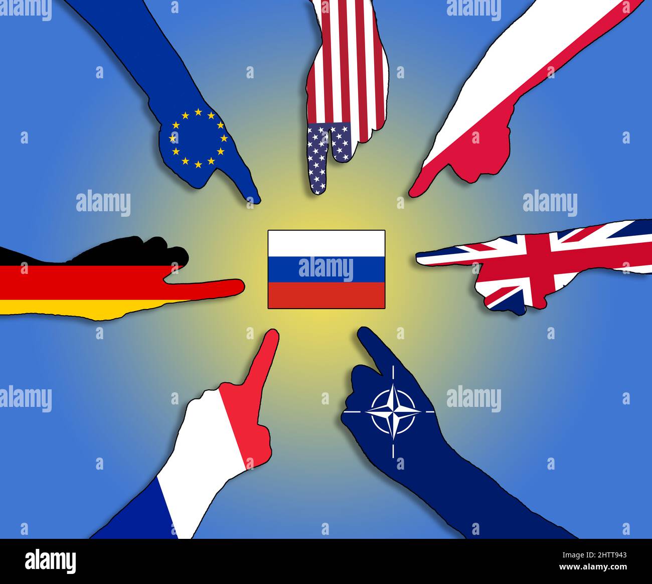 main avec les drapeaux européens et américains pointant sur le drapeau de la russie avec l'ukraine couleurs fond concept politique de guerre . Banque D'Images