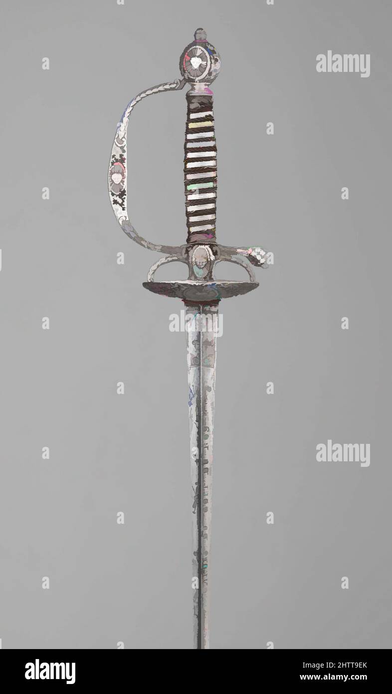 Art inspiré par le Smallsabre porté par les gardes du corps, 1769, Versailles, Français, Versailles, Acier, argent, bois, textile, L. 39 5/16 po. (99,8 cm) ; L. de la lame 32 1/8 in. (81,6 cm) ; avec 4 1/2 po (11,4 cm) ; D. 3 1/2 po (8,9 cm) ; poids 14 oz (396,9 g), Swords, oeuvres classiques modernisées par Artotop avec une touche de modernité. Formes, couleur et valeur, impact visuel accrocheur sur l'art émotions par la liberté d'œuvres d'art d'une manière contemporaine. Un message intemporel qui cherche une nouvelle direction créative. Artistes qui se tournent vers le support numérique et créent le NFT Artotop Banque D'Images