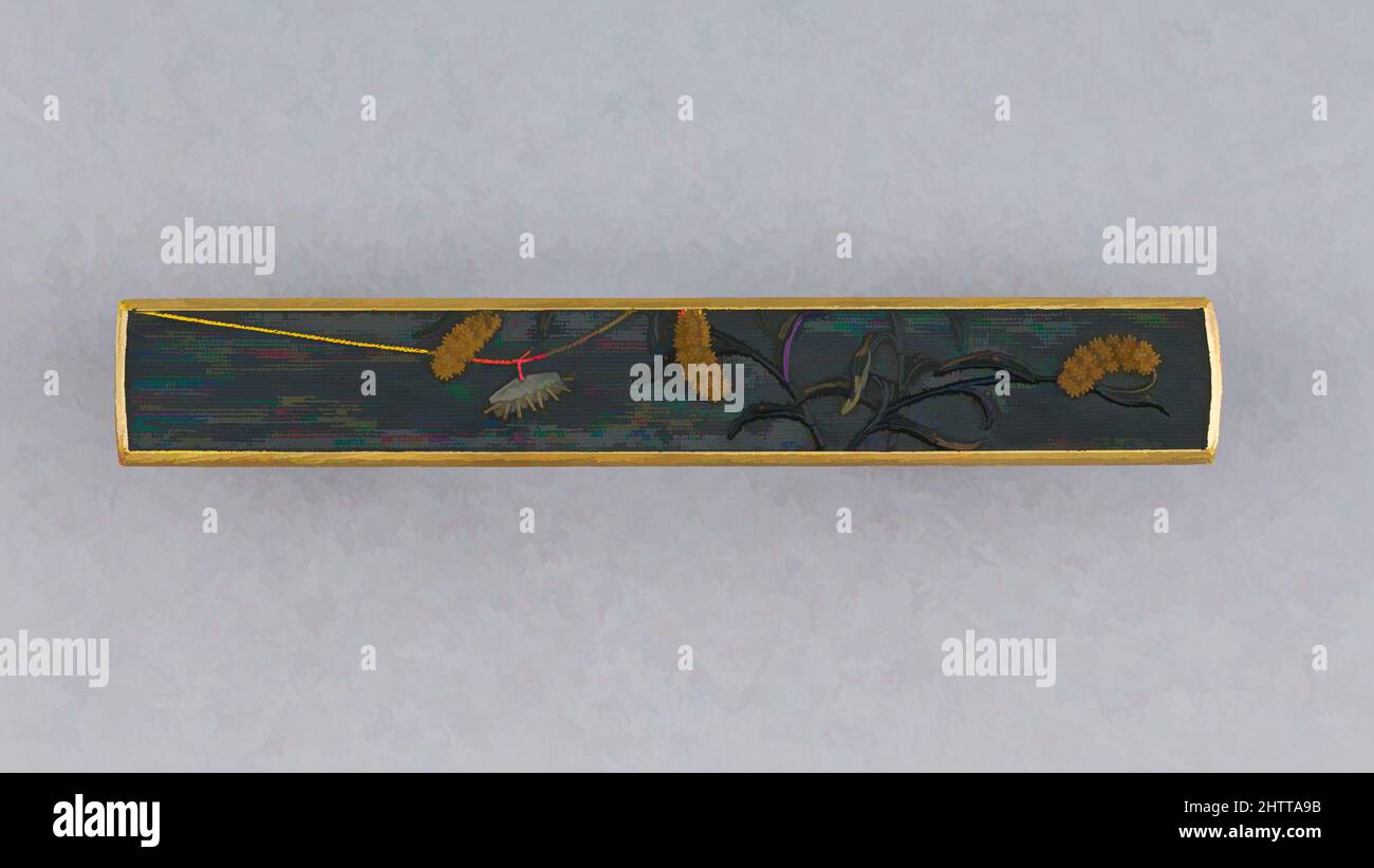 Art inspiré par la poignée de couteau (Kozuka), 19th siècle, japonais, fer, or, Alliage cuivre-argent (shibuichi), L. 3 13/16 po. (9,7 cm) ; avec 9/16 po (1,4 cm) ; épaisseur 1/4 po. (0,6 cm) ; poids 1,4 oz (39,7 g), Sword Furniture-Kozuka, cet ensemble de garnitures d'épée présente un design de millet, des œuvres classiques modernisées par Artotop avec un peu de modernité. Formes, couleur et valeur, impact visuel accrocheur sur l'art émotions par la liberté d'œuvres d'art d'une manière contemporaine. Un message intemporel qui cherche une nouvelle direction créative. Artistes qui se tournent vers le support numérique et créent le NFT Artotop Banque D'Images