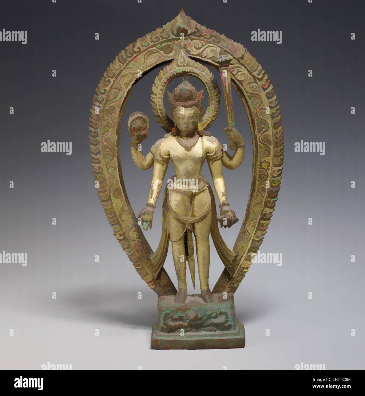 Art inspiré par Vishnu, période Thakuri, 10th–11th siècle, Népal (vallée de Katmandou), alliage de cuivre doré, H. 8 1/2 po (21,6 cm) ; avec 5 po (12,7 cm) ; D. 1 3/8 po (3,5 cm) ; poids 2 lbs (.9 kg), Sculpture, Vishnu en tant que protecteur divin et conservateur de l'ordre assume une posture symétrique, les œuvres classiques modernisées par Artotop avec un peu de modernité. Formes, couleur et valeur, impact visuel accrocheur sur l'art émotions par la liberté d'œuvres d'art d'une manière contemporaine. Un message intemporel qui cherche une nouvelle direction créative. Artistes qui se tournent vers le support numérique et créent le NFT Artotop Banque D'Images