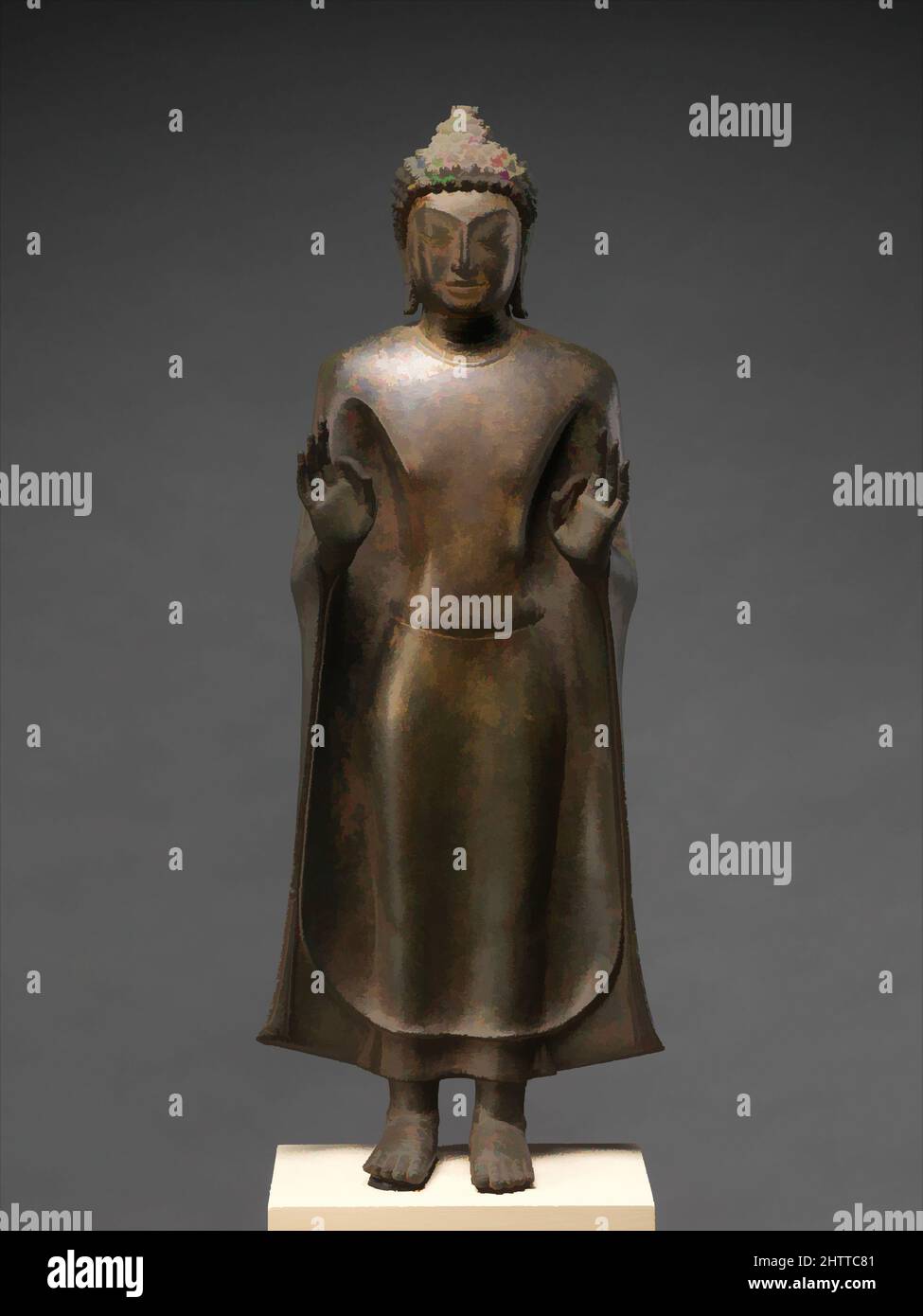 Art inspiré par le Bouddha debout, période mon-Dvaravati, 8th–9th siècle, Thaïlande (province de Nakhon Pathom), Bronze avec des traces de doré, H. 27 in. (68,6 cm) ; avec 10 1/4 po (26 cm) ; D. 5 3/8 po (13,7 cm), Sculpture, innovations considérables dans l'iconographie religieuse ont été développées pendant, les œuvres classiques modernisées par Artotop avec un peu de modernité. Formes, couleur et valeur, impact visuel accrocheur sur l'art émotions par la liberté d'œuvres d'art d'une manière contemporaine. Un message intemporel qui cherche une nouvelle direction créative. Artistes qui se tournent vers le support numérique et créent le NFT Artotop Banque D'Images
