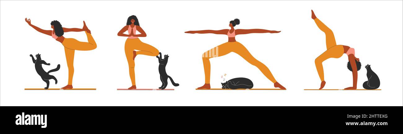 Femme afro-américaine faisant du yoga à la maison. Illustration de Vecteur