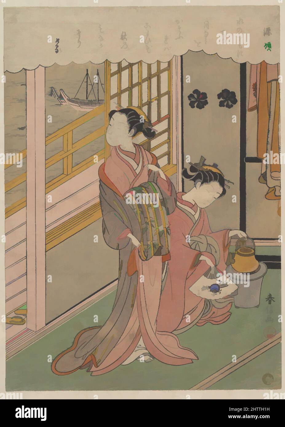 Art inspiré par Waves on Moonlight, période Edo (1615–1868), env. 1768, Japon, imprimé polychrome sur bois ; encre et couleur sur papier, H. 11 po. (27,9 cm) ; avec 8 po (20,3 cm), Prints, Suzuki Harunobu (japonais, 1725–1770), un 'oiran' se dresse dans une maison au bord de la mer, se traquant pour regarder vers le haut, les œuvres classiques modernisées par Artotop avec un peu de modernité. Formes, couleur et valeur, impact visuel accrocheur sur l'art émotions par la liberté d'œuvres d'art d'une manière contemporaine. Un message intemporel qui cherche une nouvelle direction créative. Artistes qui se tournent vers le support numérique et créent le NFT Artotop Banque D'Images