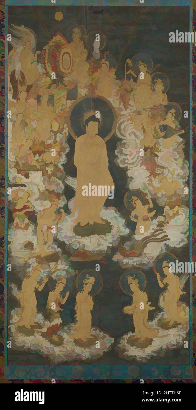 Art inspiré par l'accueil de Descent d'Amida et Bodhisattvas, 阿弥陀聖衆来迎図, période Nanbokuchō (1336–92), fin 14th siècle, Japon, Rouleau suspendu ; encre, couleur et or sur soie, 65 3/4 x 33 1/2 po. (167 x 85,1 cm), peintures, artiste non identifié, comme beaucoup d'œuvres d'art créées à, œuvres classiques modernisées par Artotop avec une touche de modernité. Formes, couleur et valeur, impact visuel accrocheur sur l'art émotions par la liberté d'œuvres d'art d'une manière contemporaine. Un message intemporel qui cherche une nouvelle direction créative. Artistes qui se tournent vers le support numérique et créent le NFT Artotop Banque D'Images