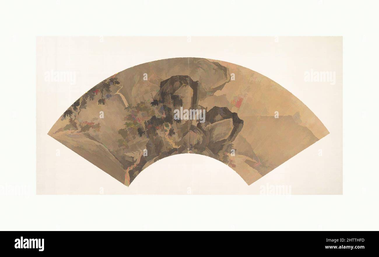 Art inspiré par l'observation d'une chute d'eau, Ming Dynasty (1368–1644), Chine, ventilateur pliable monté comme une feuille d'album ; encre et couleur sur papier doré, 20 3/4 x 9 3/4 po. (52,7 x 24,8 cm), peintures, Tang Yin (Chinois, 1470–1524), le savant dans cette peinture éventail, apparemment perdu dans le, oeuvres classiques modernisées par Artotop avec un peu de modernité. Formes, couleur et valeur, impact visuel accrocheur sur l'art émotions par la liberté d'œuvres d'art d'une manière contemporaine. Un message intemporel qui cherche une nouvelle direction créative. Artistes qui se tournent vers le support numérique et créent le NFT Artotop Banque D'Images