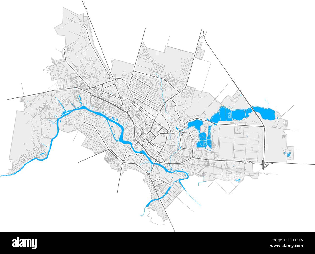 BilaTserkva, Kiev Oblast, Ukraine carte vectorielle haute résolution avec frontières de la ville et chemins délimitées. Contours blancs supplémentaires pour les routes principales. Beaucoup d Illustration de Vecteur