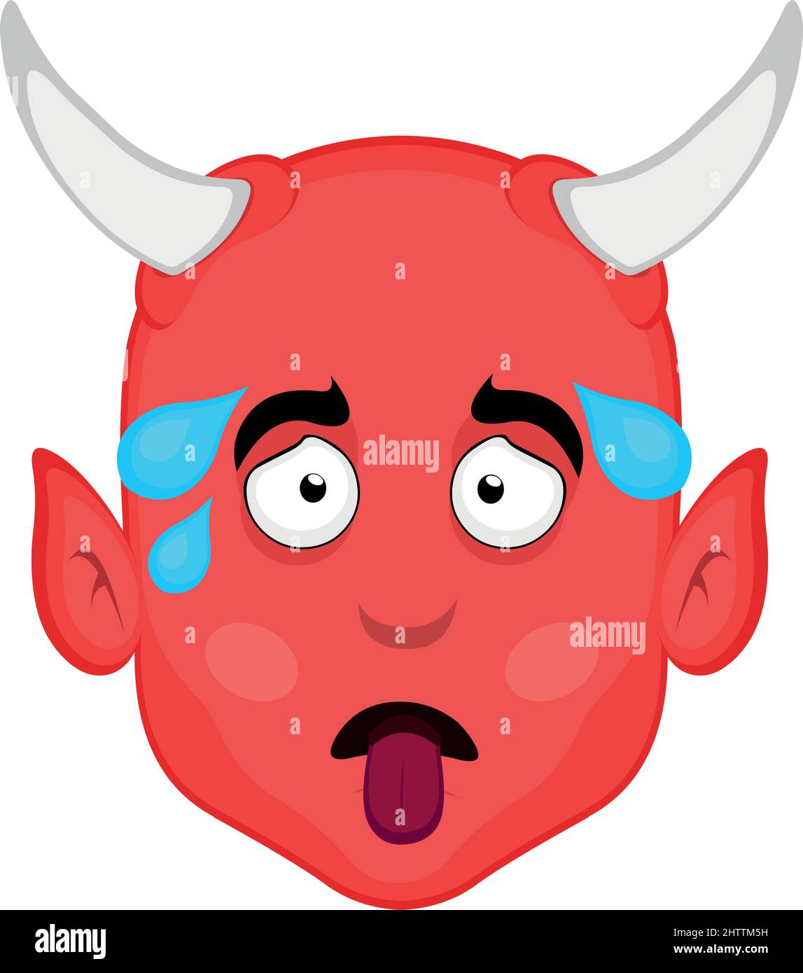 Illustration vectorielle du visage d'un diable de bande dessinée épuisé avec sa langue pendante et des gouttes de transpiration Illustration de Vecteur