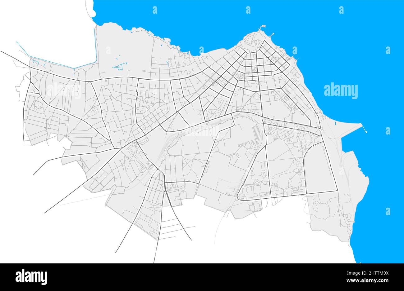 Bilhorod-Dnistrovskyi, Oblast d'Odessa, Ukraine carte vectorielle haute résolution avec frontières de la ville et chemins définis. Contours blancs supplémentaires pour la r. Principale Illustration de Vecteur