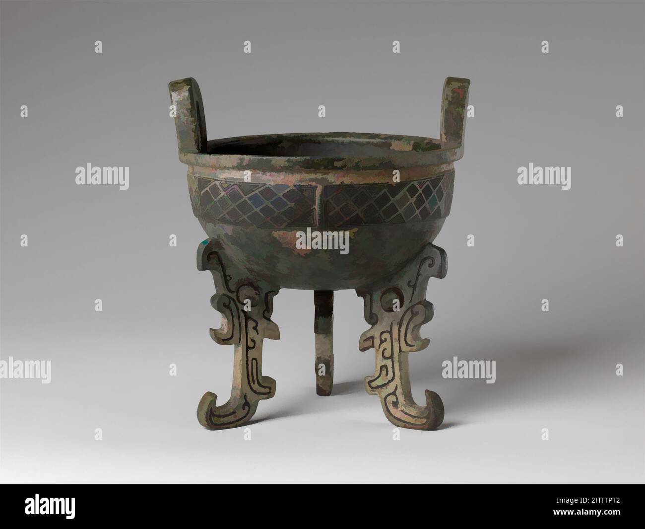 Art inspiré par 商 青銅鼎, Tripod Cauldron (Ding), dynastie Shang (ca. 1600–1046 C.-B.), 11th Century C.-B., Chine, Bronze incrusté de pigment noir, H. 6 po. (15,2 cm) ; avec poignées de 5 1/4 po (13,3 cm), Metalwork, quatre caractères sont coulés sur la paroi interne du navire: “X zu? Ce clan Sign, Classic œuvres modernisées par Artotop avec une touche de modernité. Formes, couleur et valeur, impact visuel accrocheur sur l'art émotions par la liberté d'œuvres d'art d'une manière contemporaine. Un message intemporel qui cherche une nouvelle direction créative. Artistes qui se tournent vers le support numérique et créent le NFT Artotop Banque D'Images