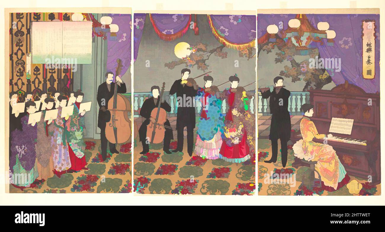 Art inspiré par concert de musique européenne (Ōshū kangengaku gassō no zu), 『欧州管絃楽合奏之図』, période Meiji (1868–1912), 1889, Japon, Triptyque d'impressions de blocs de bois polychrome; encre et couleur sur papier, image: 14 1/2 x 29 po. (36,8 x 73,7 cm), estampes, Yōshū (Hashimoto) Chikanobu (japonais, 1838–, oeuvres classiques modernisées par Artotop avec une touche de modernité. Formes, couleur et valeur, impact visuel accrocheur sur l'art émotions par la liberté d'œuvres d'art d'une manière contemporaine. Un message intemporel qui cherche une nouvelle direction créative. Artistes qui se tournent vers le support numérique et créent le NFT Artotop Banque D'Images
