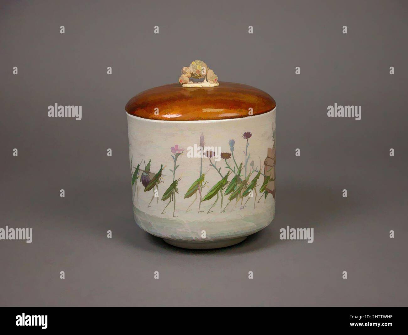 Art inspiré par le pot d'eau avec procession de sauterelles, バッタ行列文水指, période Meiji (1868–1912), fin 19th siècle, Japon, Grès avec émail polychrome et or avec couvercle en bois et bouton ivoire (Makuzu ware), H. 5 3/4 po. (14,6 cm), céramique, Makuzu Kōzan I (Miyagawa, oeuvres classiques modernisées par Artotop avec une touche de modernité. Formes, couleur et valeur, impact visuel accrocheur sur l'art émotions par la liberté d'œuvres d'art d'une manière contemporaine. Un message intemporel qui cherche une nouvelle direction créative. Artistes qui se tournent vers le support numérique et créent le NFT Artotop Banque D'Images