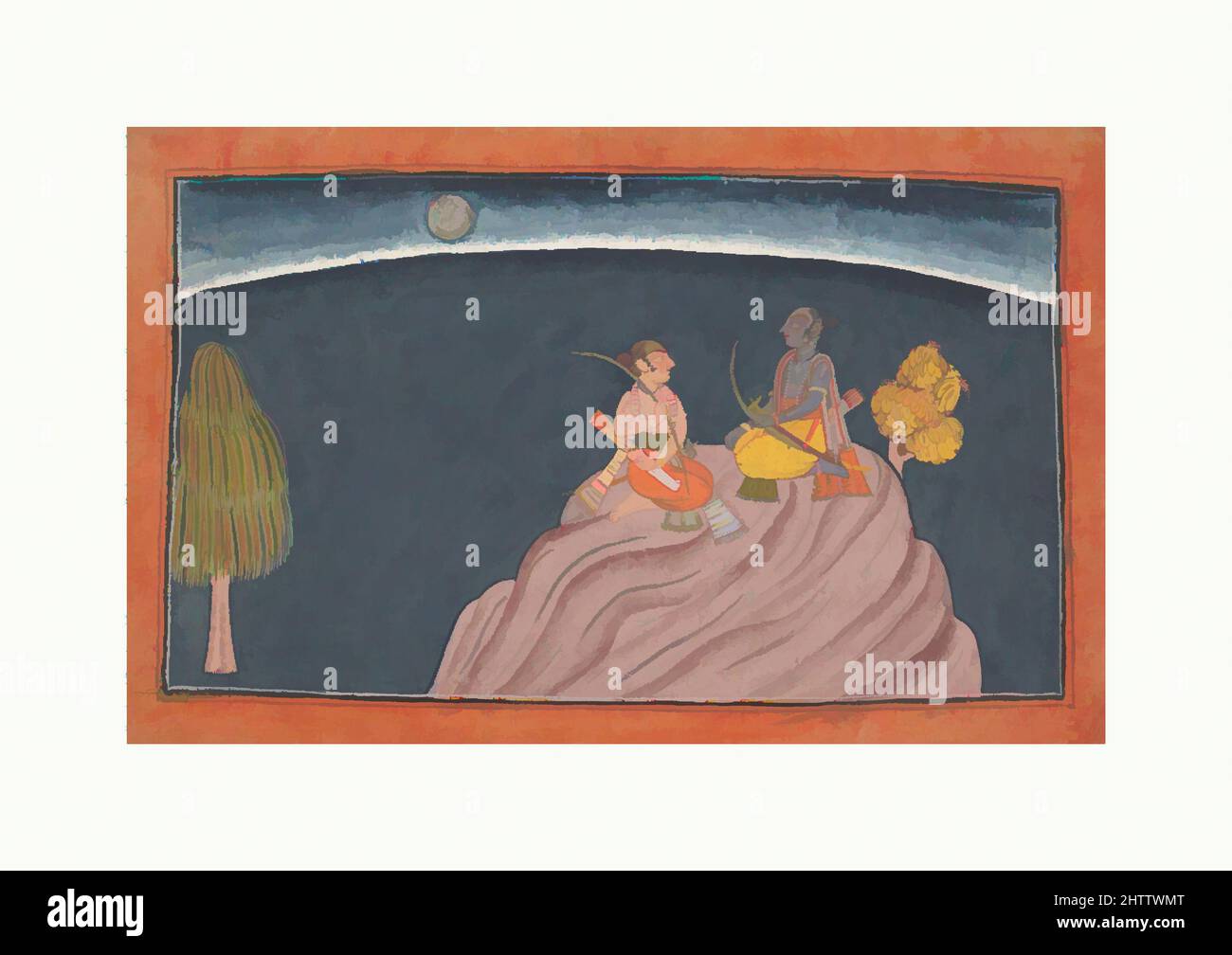 Art inspiré par Rama et Lakshmana sur le mont Pavarasana, ca. 1700, Inde (Punjab Hills, Bahu), encre, aquarelle opaque, et argent sur papier, 7 x 12 1/8 cm (17,8 x 30,8 cm), peintures, Rama est montré avec son frère au sommet du Mont Pavarasana passant une nuit sans sommeil après, oeuvres classiques modernisées par Artotop avec un peu de modernité. Formes, couleur et valeur, impact visuel accrocheur sur l'art émotions par la liberté d'œuvres d'art d'une manière contemporaine. Un message intemporel qui cherche une nouvelle direction créative. Artistes qui se tournent vers le support numérique et créent le NFT Artotop Banque D'Images