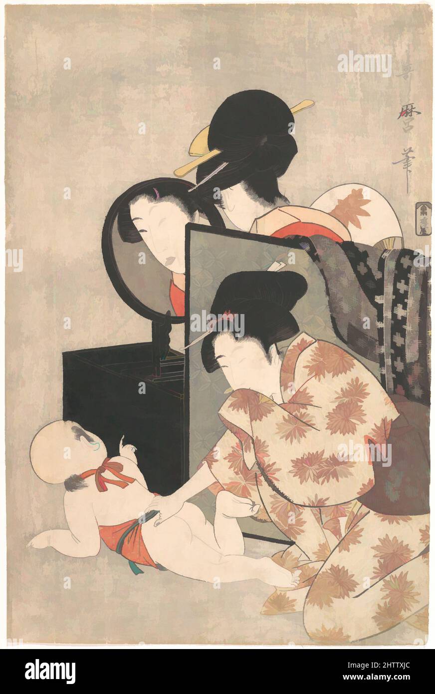 Art inspiré par la mère et l'enfant, période Edo (1615–1868), env. 1793, Japon, imprimé polychrome sur bois ; encre et couleur sur papier, H. 14 7/8 po. (37,8 cm) ; avec 9 7/8 po (25,1 cm), Prints, Kitagawa Utamaro (japonais, 1753?–1806), Utamaro a composé cette image avec beaucoup d'habileté et d'humour, les œuvres classiques modernisées par Artotop avec un peu de modernité. Formes, couleur et valeur, impact visuel accrocheur sur l'art émotions par la liberté d'œuvres d'art d'une manière contemporaine. Un message intemporel qui cherche une nouvelle direction créative. Artistes qui se tournent vers le support numérique et créent le NFT Artotop Banque D'Images