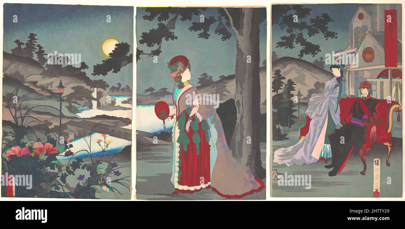 Art inspiré par la noblesse dans le soir Cool (Koki nōryō no zu), 『高貴納涼ノ図』, période Meiji (1868–1912), 1887, Japon, Triptyque d'impressions de blocs de bois polychrome; encre et couleur sur papier, image: 13 3/4 x 27 1/2 po. (34,9 x 69,9 cm), estampes, Yōshū (Hashimoto) Chikanobu (japonais, 1838–1912, oeuvres classiques modernisées par Artotop avec une touche de modernité. Formes, couleur et valeur, impact visuel accrocheur sur l'art émotions par la liberté d'œuvres d'art d'une manière contemporaine. Un message intemporel qui cherche une nouvelle direction créative. Artistes qui se tournent vers le support numérique et créent le NFT Artotop Banque D'Images