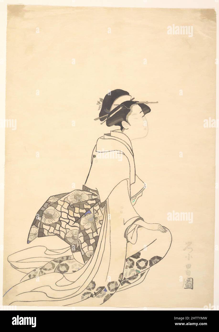 Art inspiré par Une femme à genoux, période Edo (1615–1868), Japon, imprimé bois monochrome ; encre sur papier, H. 10 5/8 po (27 cm) ; avec 7 1/2 po (19,1 cm), Prints, Chōkōsai Eishō (japonais, 1793–99, oeuvres classiques modernisées par Artotop avec une touche de modernité. Formes, couleur et valeur, impact visuel accrocheur sur l'art émotions par la liberté d'œuvres d'art d'une manière contemporaine. Un message intemporel qui cherche une nouvelle direction créative. Artistes qui se tournent vers le support numérique et créent le NFT Artotop Banque D'Images