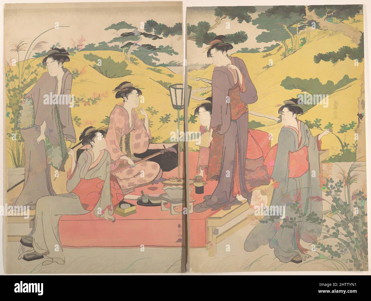 Art inspiré par Une soirée pique-nique à Hagidera, époque Edo (1615–1868), Japon, diptych de gravures polychromes sur bois; encre et couleur sur papier, (a): 15 3/16 × 10 po. (38,6 × 25,4 cm), tirages, Katsukawa Shunchō (japonais, active ca. 1783–95, œuvres classiques modernisées par Artotop avec une touche de modernité. Formes, couleur et valeur, impact visuel accrocheur sur l'art émotions par la liberté d'œuvres d'art d'une manière contemporaine. Un message intemporel qui cherche une nouvelle direction créative. Artistes qui se tournent vers le support numérique et créent le NFT Artotop Banque D'Images