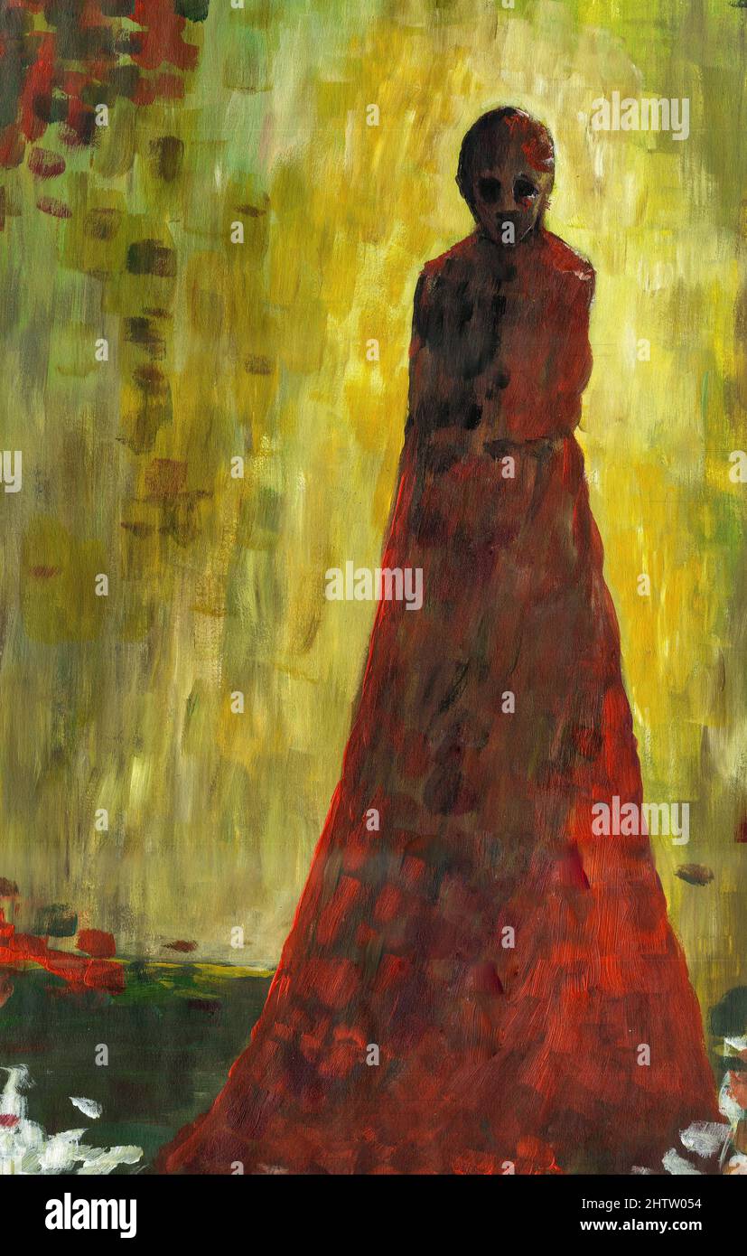 Femme abstraite peinture. Mariée. La silhouette d'une femme dans une robe rouge devant une lumière jaune. Peinture acrylique abstraite. Banque D'Images
