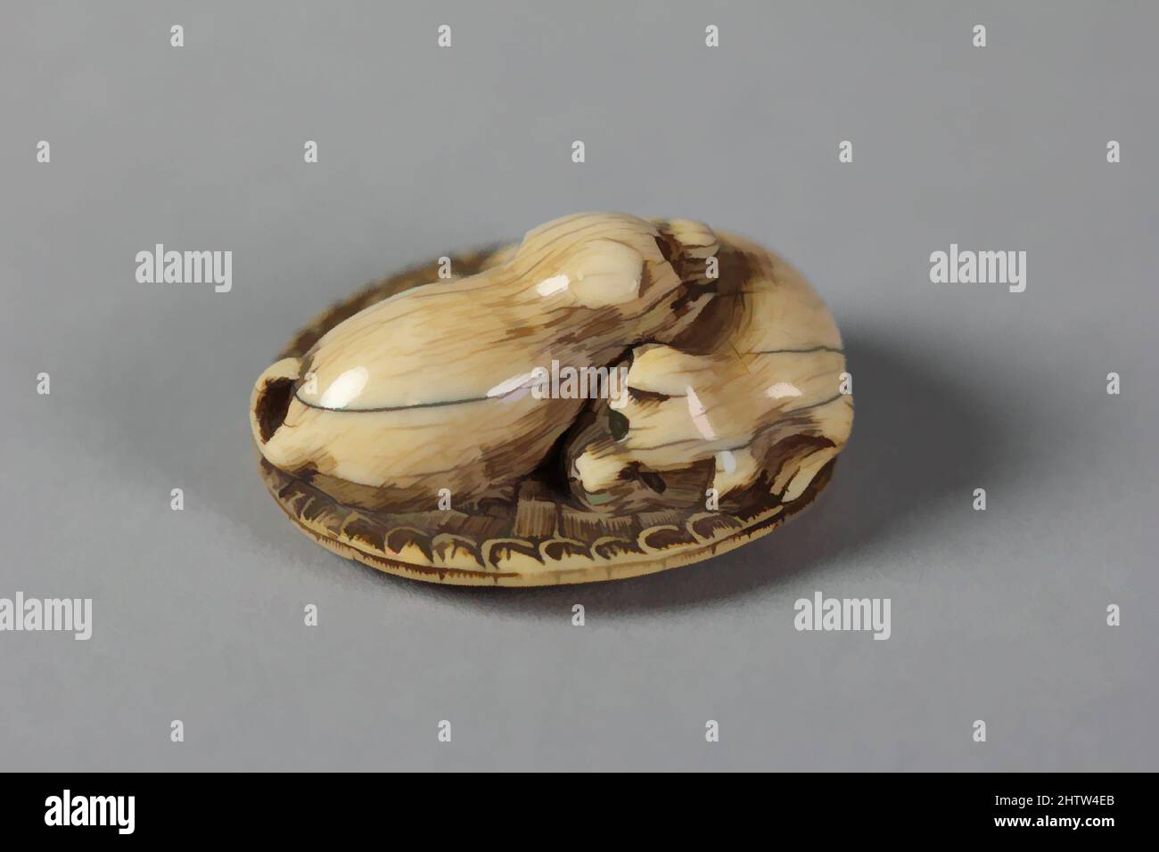 Art inspiré par Netsuke de deux chiens, 19th siècle, Japon, Ivoire, H. 1 in. (2,5 cm) ; avec 1 3/4 po (4,4 cm) ; D. 1 3/4 po (4,4 cm), Netsuke, oeuvres classiques modernisées par Artotop avec une touche de modernité. Formes, couleur et valeur, impact visuel accrocheur sur l'art émotions par la liberté d'œuvres d'art d'une manière contemporaine. Un message intemporel qui cherche une nouvelle direction créative. Artistes qui se tournent vers le support numérique et créent le NFT Artotop Banque D'Images