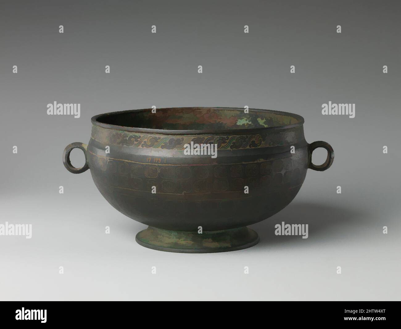 Art inspiré par Bowl, six dynasties (220–589), Chine, bronze, H. 4 po. (10,2 cm) ; diamètre 6 5/8 po (16,8 cm), Metalwork, oeuvres classiques modernisées par Artotop avec une touche de modernité. Formes, couleur et valeur, impact visuel accrocheur sur l'art émotions par la liberté d'œuvres d'art d'une manière contemporaine. Un message intemporel qui cherche une nouvelle direction créative. Artistes qui se tournent vers le support numérique et créent le NFT Artotop Banque D'Images