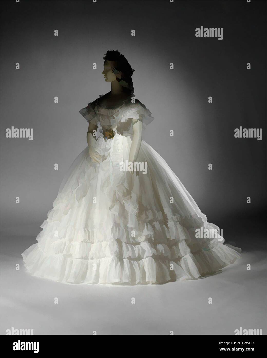 L'art inspiré de l'ensemble de mariage, 1864, français, coton, Une ligne d'épaulement arrondie qui a augmenté la longueur du cou a été très prisée pendant la majeure partie du XIXe siècle. De 1830s à 1880s, il a été accompli par la position abaissée et écartée de corset lanières, les œuvres classiques modernisées par Artotop avec un peu de modernité. Formes, couleur et valeur, impact visuel accrocheur sur l'art émotions par la liberté d'œuvres d'art d'une manière contemporaine. Un message intemporel qui cherche une nouvelle direction créative. Artistes qui se tournent vers le support numérique et créent le NFT Artotop Banque D'Images