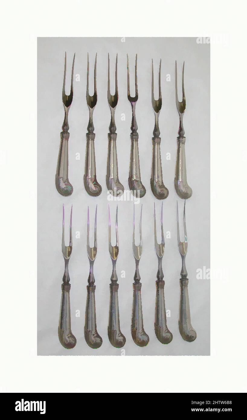 Art inspiré par Twelve Forks, I. H., Sheffield, fin du 18th siècle, britannique, Sheffield, argent, acier, longueur (chacun) : 8 po (20,3 cm), Metalwork-Silver, I. H., Sheffield, œuvres classiques modernisées par Artotop avec une touche de modernité. Formes, couleur et valeur, impact visuel accrocheur sur l'art émotions par la liberté d'œuvres d'art d'une manière contemporaine. Un message intemporel qui cherche une nouvelle direction créative. Artistes qui se tournent vers le support numérique et créent le NFT Artotop Banque D'Images