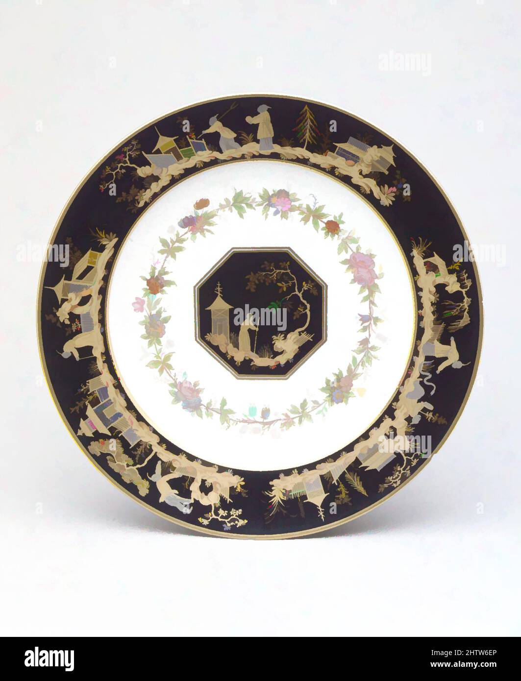 Art inspiré par l'assiette, 1791, français, Sèvres, porcelaine à pâte dure,  Diamètre : 9 9/16 po (24,3 cm), céramique-porcelaine, porcelaine décorée  d'un sol noir imitation de laque asiatique a été produite à