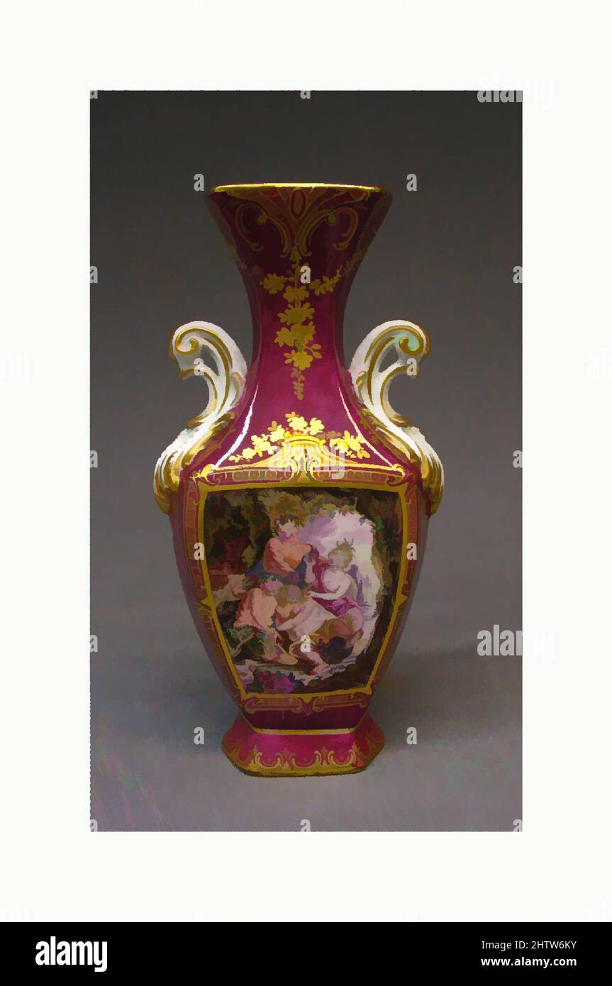 Art inspiré par vase (un de deux), ca. 1761, British, Chelsea, porcelaine tendre, hauteur : 9 1/2 po (24,1 cm), la céramique-porcelaine, le fond rouge profond de ce vase et de sa maté a été un triomphe technique de l'usine de Chelsea. Il est venu pour être appelé Claret, après une description de, les œuvres classiques modernisées par Artotop avec un peu de modernité. Formes, couleur et valeur, impact visuel accrocheur sur l'art émotions par la liberté d'œuvres d'art d'une manière contemporaine. Un message intemporel qui cherche une nouvelle direction créative. Artistes qui se tournent vers le support numérique et créent le NFT Artotop Banque D'Images