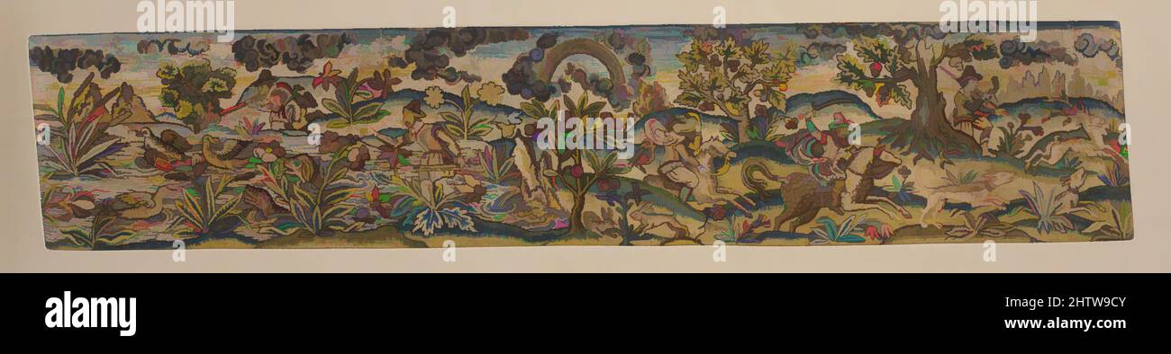 Art inspiré par la cantonnière (un des trois), 1600–1633, British, Canvas travaillé avec de la soie et du fil de métal; tente, long et court, et coutures cousues, H. 12 x L. 56 pouces (30,5 x 142,2 cm) encadré : H. 19 x W. 66 1/2 pouces (48,3 x 168,9 cm), textiles brodés, œuvres classiques modernisées par Artotop avec une touche de modernité. Formes, couleur et valeur, impact visuel accrocheur sur l'art émotions par la liberté d'œuvres d'art d'une manière contemporaine. Un message intemporel qui cherche une nouvelle direction créative. Artistes qui se tournent vers le support numérique et créent le NFT Artotop Banque D'Images