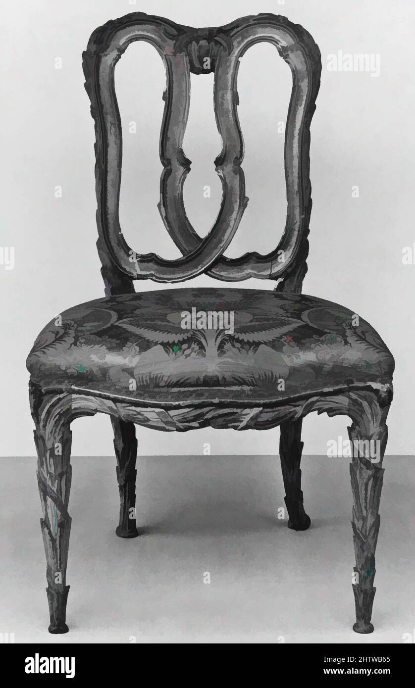 Art inspiré par chaise de côté, troisième quart 18th siècle, italien, noyer, peint et doré; damassé, Total : H. 34 1/2 x W. 20 1/2 x D. 17 1/2 po. (87,6 x 52,1 x 44,5 cm), mobilier en bois, les rouleaux entrelacés qui forment l'arrière de ces chaises étaient une caractéristique populaire de, les œuvres classiques modernisées par Artotop avec une touche de modernité. Formes, couleur et valeur, impact visuel accrocheur sur l'art émotions par la liberté d'œuvres d'art d'une manière contemporaine. Un message intemporel qui cherche une nouvelle direction créative. Artistes qui se tournent vers le support numérique et créent le NFT Artotop Banque D'Images