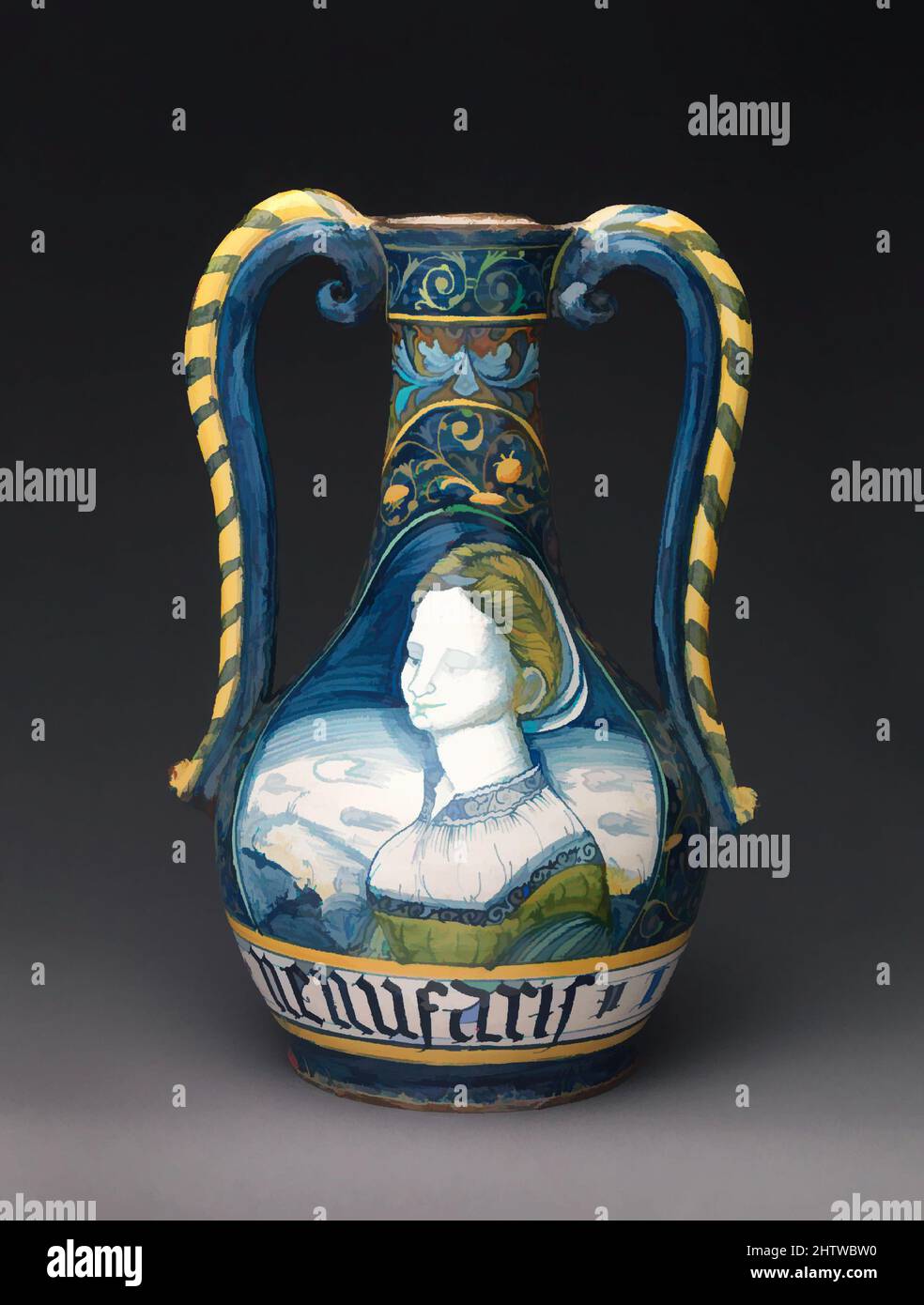 Art inspiré par la bouteille de pharmacie (une de paire), env. 1550, italien, Castelli, Maiolica (faïence émaillée), total (confirmé) : 15 1/8 × 10 1/4 × 8 9/16 po. (38,4 × 26 × 21,7 cm), céramique-Poterie, les récipients de stockage ont été parmi les plus fréquemment produits de maiolica à la fin, les œuvres classiques modernisées par Artotop avec un peu de modernité. Formes, couleur et valeur, impact visuel accrocheur sur l'art émotions par la liberté d'œuvres d'art d'une manière contemporaine. Un message intemporel qui cherche une nouvelle direction créative. Artistes qui se tournent vers le support numérique et créent le NFT Artotop Banque D'Images
