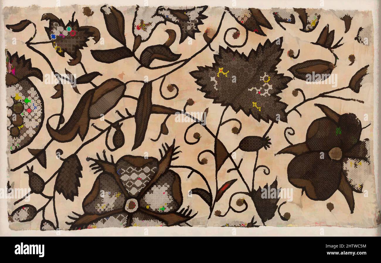 Art inspiré par fragment de Blackwork, ca. 1590, British, fils enveloppés de soie et de métal doré sur une fondation en lin tissé Uni, total : 8 1/2 × 14 1/4 po. (21,6 × 36,2 cm), textiles brodés, œuvres classiques modernisées par Artotop avec une touche de modernité. Formes, couleur et valeur, impact visuel accrocheur sur l'art émotions par la liberté d'œuvres d'art d'une manière contemporaine. Un message intemporel qui cherche une nouvelle direction créative. Artistes qui se tournent vers le support numérique et créent le NFT Artotop Banque D'Images