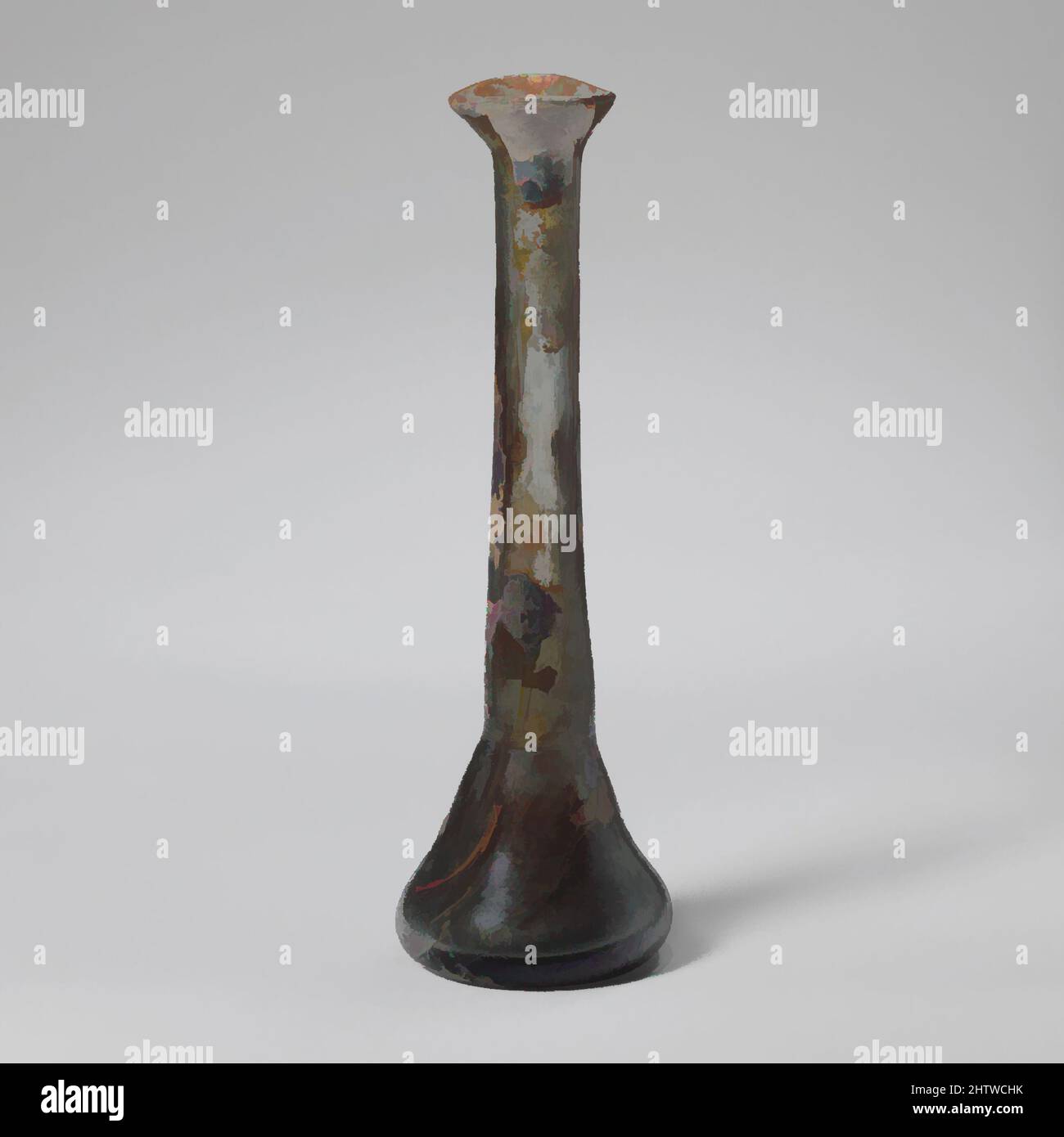 Art inspiré par flacon de parfum en verre, Mid Imperial, 2nd–3rd Century A.D., romain, verre ; fondu, 5 1/8in. (13cm), verre, bleu translucide vert. Rebord arrondi inégal; bouche torrentielle; long col cylindrique, extensible vers le bas et doté d'outils autour de la base; squat, corps conique; légèrement concave, œuvres classiques modernisées par Artotop avec une touche de modernité. Formes, couleur et valeur, impact visuel accrocheur sur l'art émotions par la liberté d'œuvres d'art d'une manière contemporaine. Un message intemporel qui cherche une nouvelle direction créative. Artistes qui se tournent vers le support numérique et créent le NFT Artotop Banque D'Images