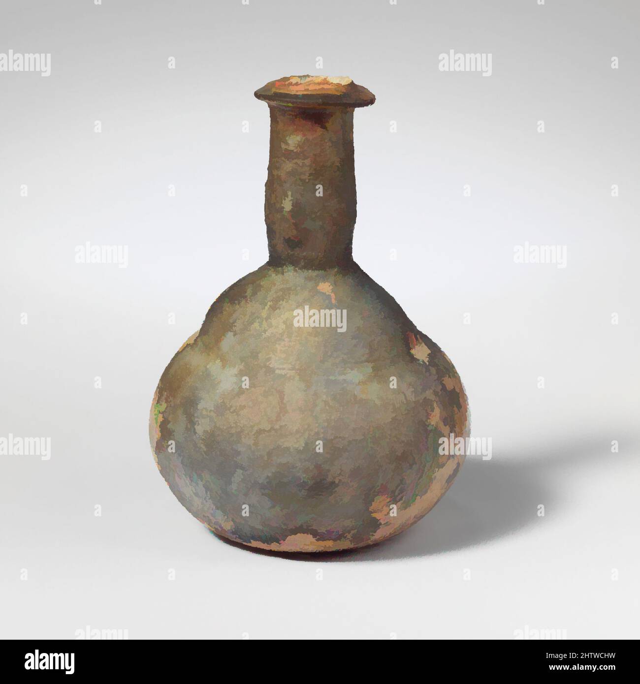 Art inspiré par flacon de parfum en verre, ancien impérial, 1st Century A.D., romain, verre; fondu, 2 13/16in. (7,1cm), verre, bleu pâle translucide. Jante repliée, repliée et repliée, avec rebord intérieur incliné vers le haut ; col court, cylindrique, outillé autour de la base ; épaule convexe, inclinée, avec, œuvres classiques modernisées par Artotop avec une touche de modernité. Formes, couleur et valeur, impact visuel accrocheur sur l'art émotions par la liberté d'œuvres d'art d'une manière contemporaine. Un message intemporel qui cherche une nouvelle direction créative. Artistes qui se tournent vers le support numérique et créent le NFT Artotop Banque D'Images