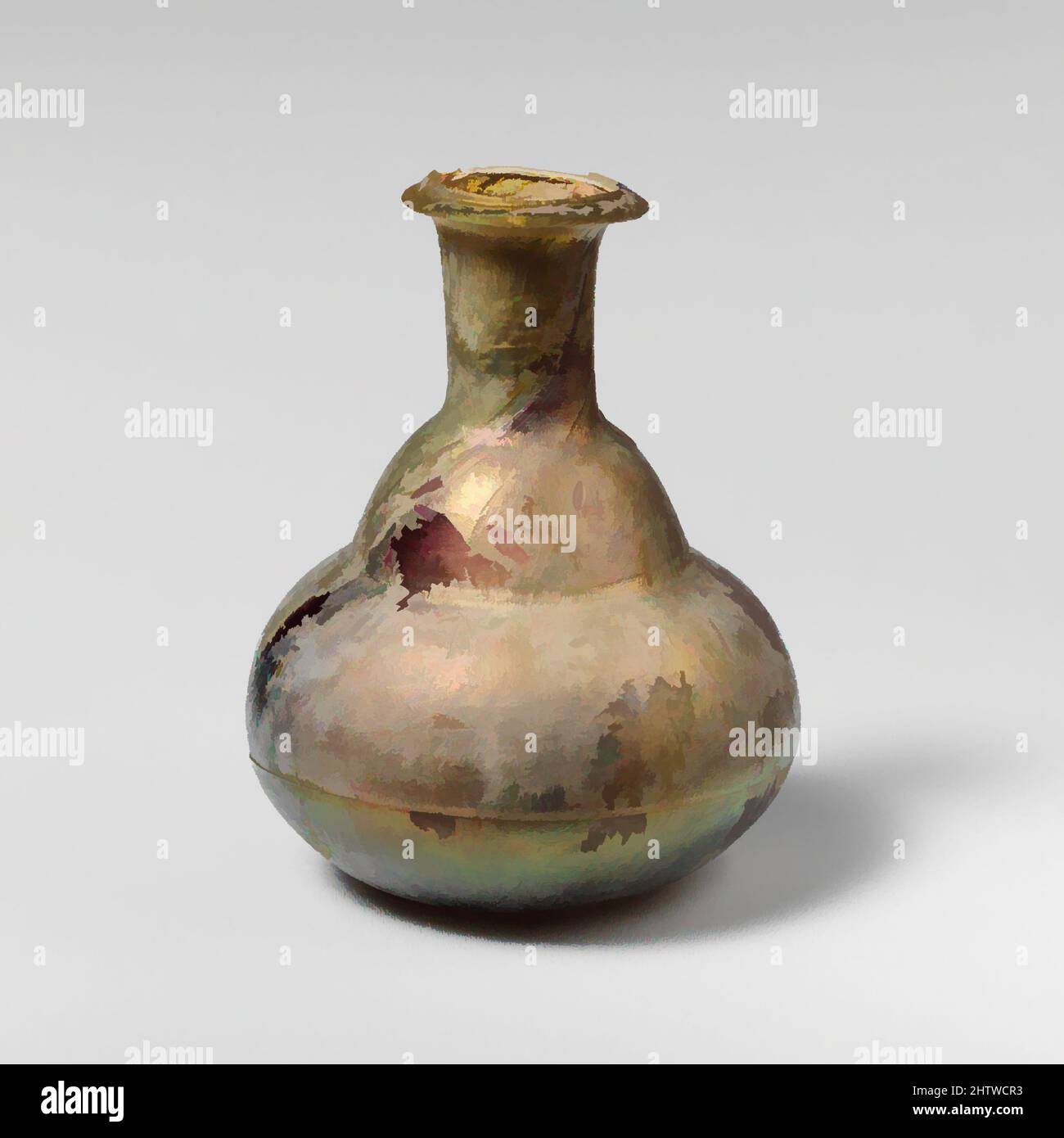 Art inspiré par flacon de parfum en verre, ancien impérial, 1st Century A.D., romain, verre; soufflé et coupé, 2 1/8 po (5,5 cm), verre, petit flacon de parfum Translucent bleu pâle vert, avec des stries violettes. Rebord replié, sur, et dans, avec surface supérieure biseautée; col cylindrique, avec, oeuvres classiques modernisées par Artotop avec une touche de modernité. Formes, couleur et valeur, impact visuel accrocheur sur l'art émotions par la liberté d'œuvres d'art d'une manière contemporaine. Un message intemporel qui cherche une nouvelle direction créative. Artistes qui se tournent vers le support numérique et créent le NFT Artotop Banque D'Images