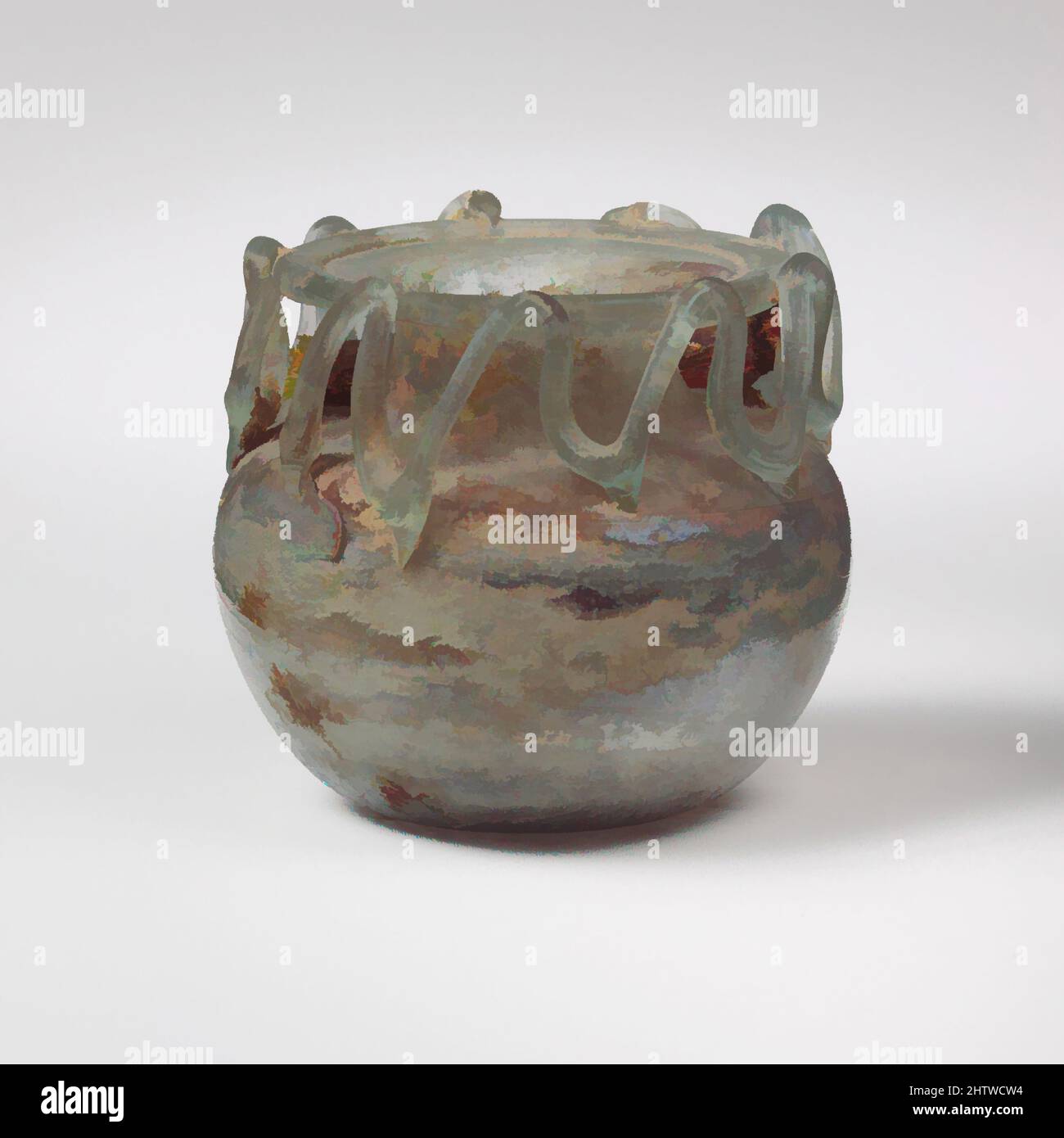 Art inspiré par la jarre de verre, impérial tardif, 3rd–4th Century A.D., romain, verre ; soufflés et traînés, 1 5/8 × 1 3/4 po (4,1 × 4,4 cm), verre, petit bol. Bleu pâle translucide vert avec des rayures violettes; traînée de la même couleur. Jante pliée, repliée, et pressée en large horizontale, les œuvres classiques modernisées par Artotop avec une touche de modernité. Formes, couleur et valeur, impact visuel accrocheur sur l'art émotions par la liberté d'œuvres d'art d'une manière contemporaine. Un message intemporel qui cherche une nouvelle direction créative. Artistes qui se tournent vers le support numérique et créent le NFT Artotop Banque D'Images