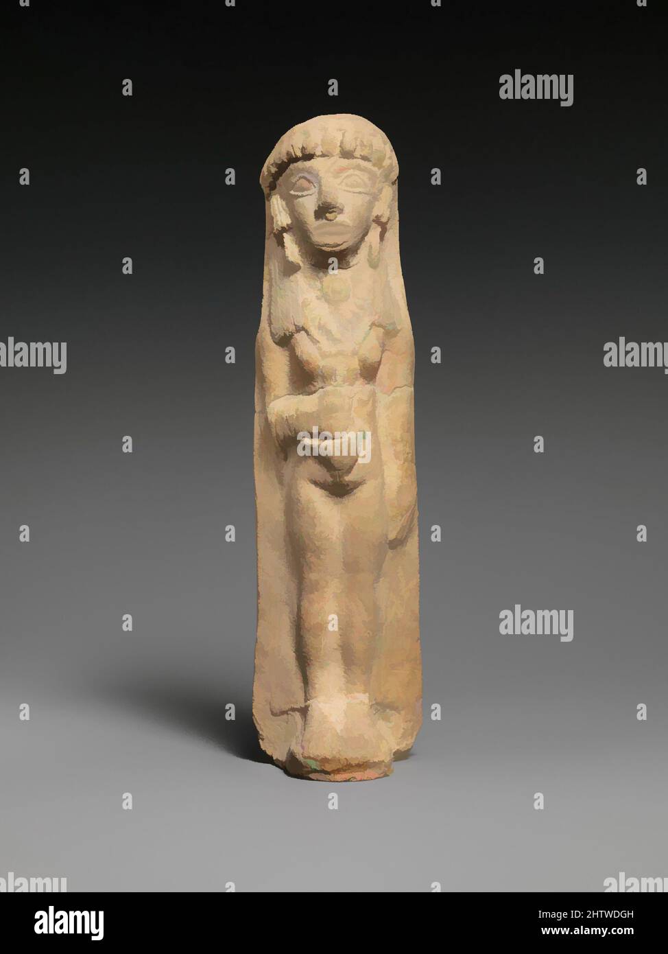 Art inspiré par la femme en terre cuite, Cypro-archaïque II, ca. 600–480 av. J.-C., chypriote, terre cuite; moule, H. 7 9/16 po. (19,2 cm), terracottas, cette figure est associée au culte d'Astarte, la déesse de la fertilité proche-orientale, sur Chypre. Prêtresse ou votataire, la femme porte une mince œuvre classique modernisée par Artotop avec un peu de modernité. Formes, couleur et valeur, impact visuel accrocheur sur l'art émotions par la liberté d'œuvres d'art d'une manière contemporaine. Un message intemporel qui cherche une nouvelle direction créative. Artistes qui se tournent vers le support numérique et créent le NFT Artotop Banque D'Images