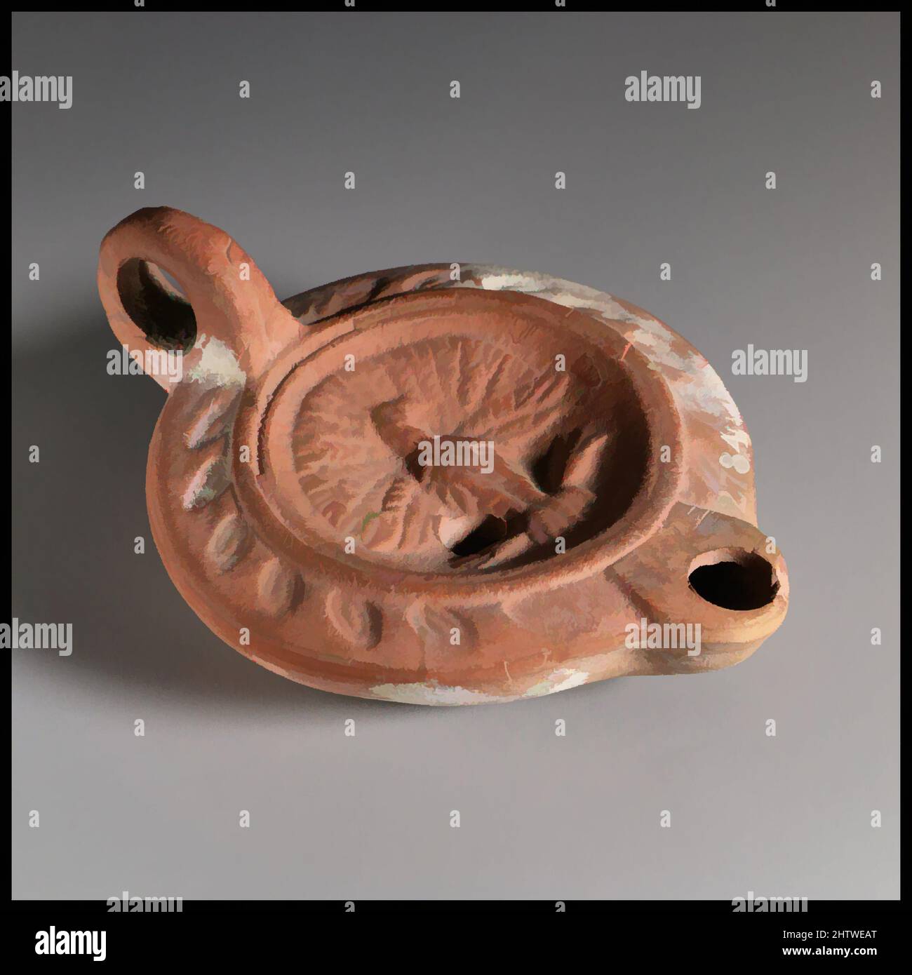 Art inspiré par une lampe en terre cuite, Mid Imperial, env. A.D. 150–225, romain, chypriote, terre cuite ; moule, Total : 1 1/2 x 3 5/8 po (3,8 x 9,2 cm), terracottas, avec anneau de poignée, paon sur le discus, et impressionnant motif de feuilles sur l'épaule, Classic œuvres modernisées par Artotop avec une touche de modernité. Formes, couleur et valeur, impact visuel accrocheur sur l'art émotions par la liberté d'œuvres d'art d'une manière contemporaine. Un message intemporel qui cherche une nouvelle direction créative. Artistes qui se tournent vers le support numérique et créent le NFT Artotop Banque D'Images