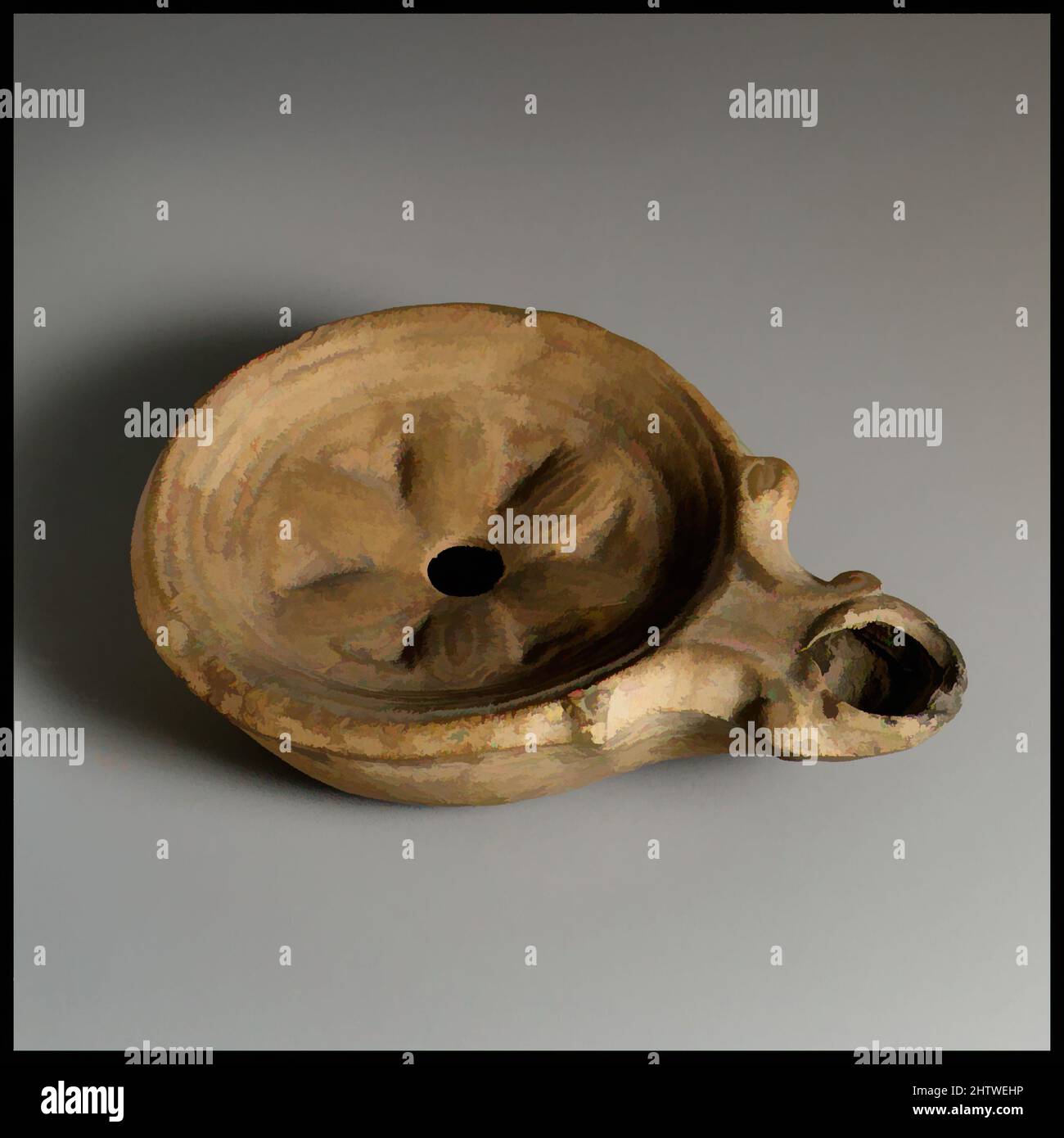 Art inspiré par la lampe, romaine, chypriote, terre cuite, total : 1 x 3 1/2 po. (2,5 x 8,9 cm), terracottas, avec rosette dégénérée, oeuvres classiques modernisées par Artotop avec une touche de modernité. Formes, couleur et valeur, impact visuel accrocheur sur l'art émotions par la liberté d'œuvres d'art d'une manière contemporaine. Un message intemporel qui cherche une nouvelle direction créative. Artistes qui se tournent vers le support numérique et créent le NFT Artotop Banque D'Images