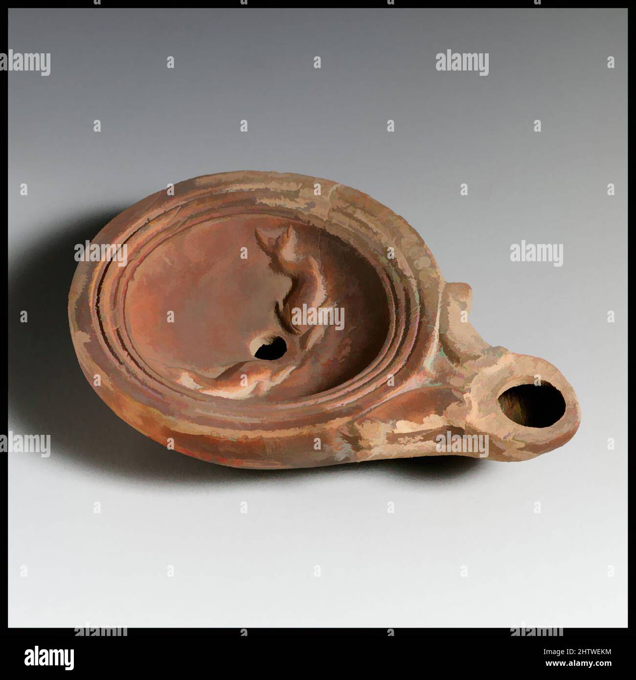 Art inspiré par la lampe, romaine, chypriote, terre cuite, total : 7/8 x 3 3/4 po. (2,2 x 9,5 cm), terracottas, oeuvres classiques modernisées par Artotop avec une touche de modernité. Formes, couleur et valeur, impact visuel accrocheur sur l'art émotions par la liberté d'œuvres d'art d'une manière contemporaine. Un message intemporel qui cherche une nouvelle direction créative. Artistes qui se tournent vers le support numérique et créent le NFT Artotop Banque D'Images